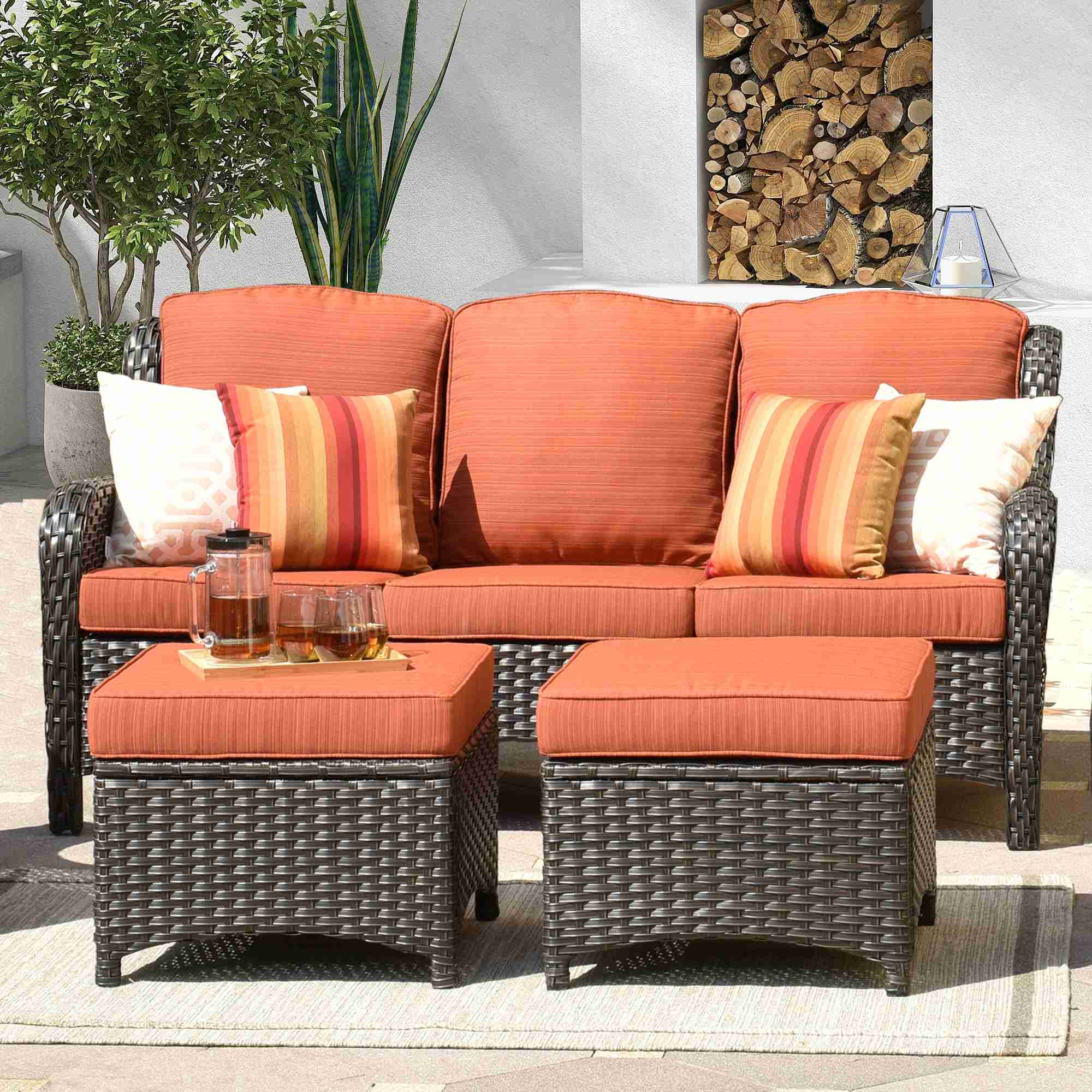 3pcs Outdoor Patio Sectional Set Wicker Furniture Set For Small Spaces