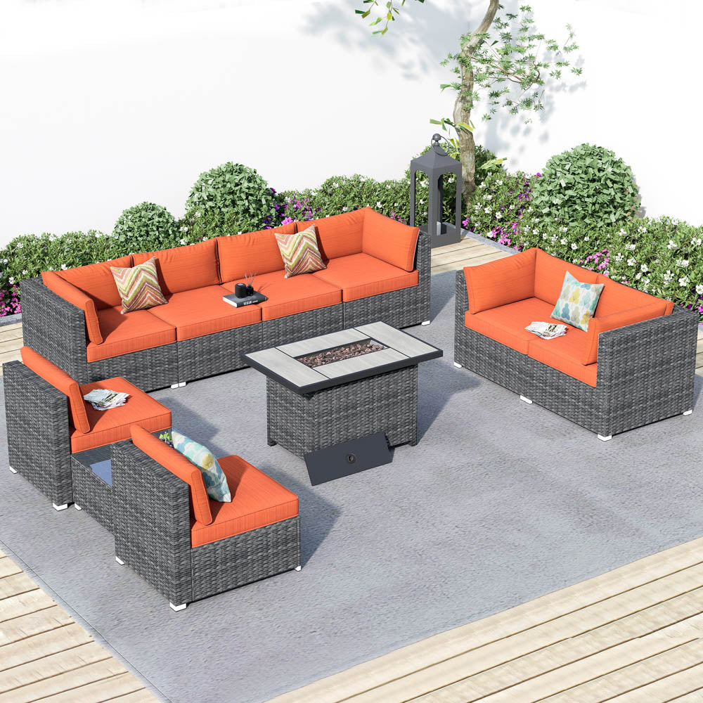 Ovios 10 Piece Patio Furniture Set Rattan Wicker Sofa Fire Pit