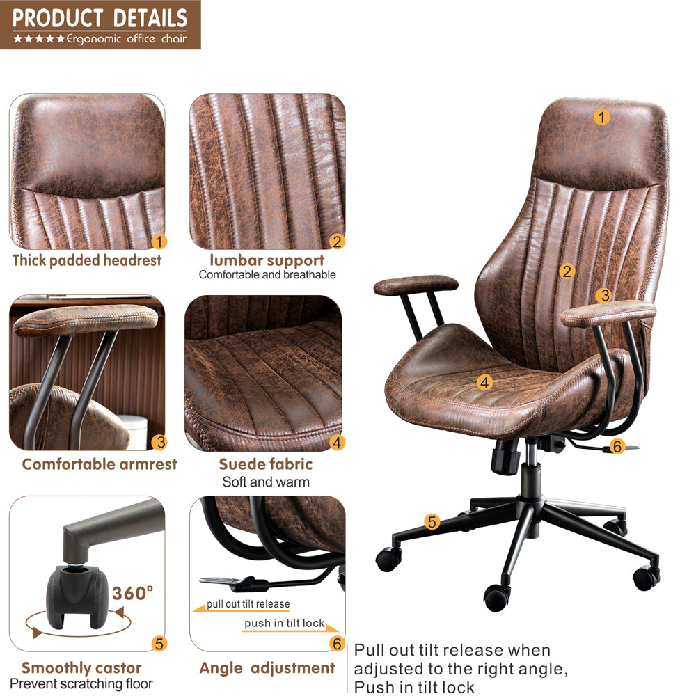 Ovios Ergonomic Office Chair Modern Computer Desk Chair High Back Suede Fabric Desk Chair with Lumbar Support for Executive or Home Office (Brown)