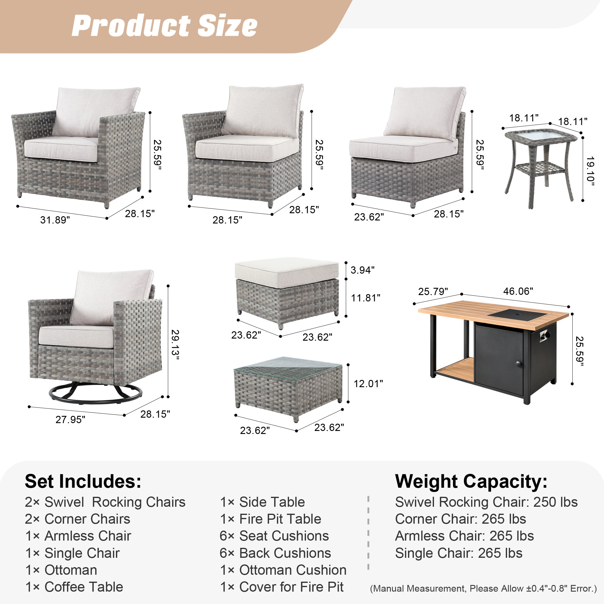 Ovios Patio Furniture Set 8-Piece include 42"Rectangle Fire Pit Table&Swivel Chairs, Partially Assembled,BRS Series