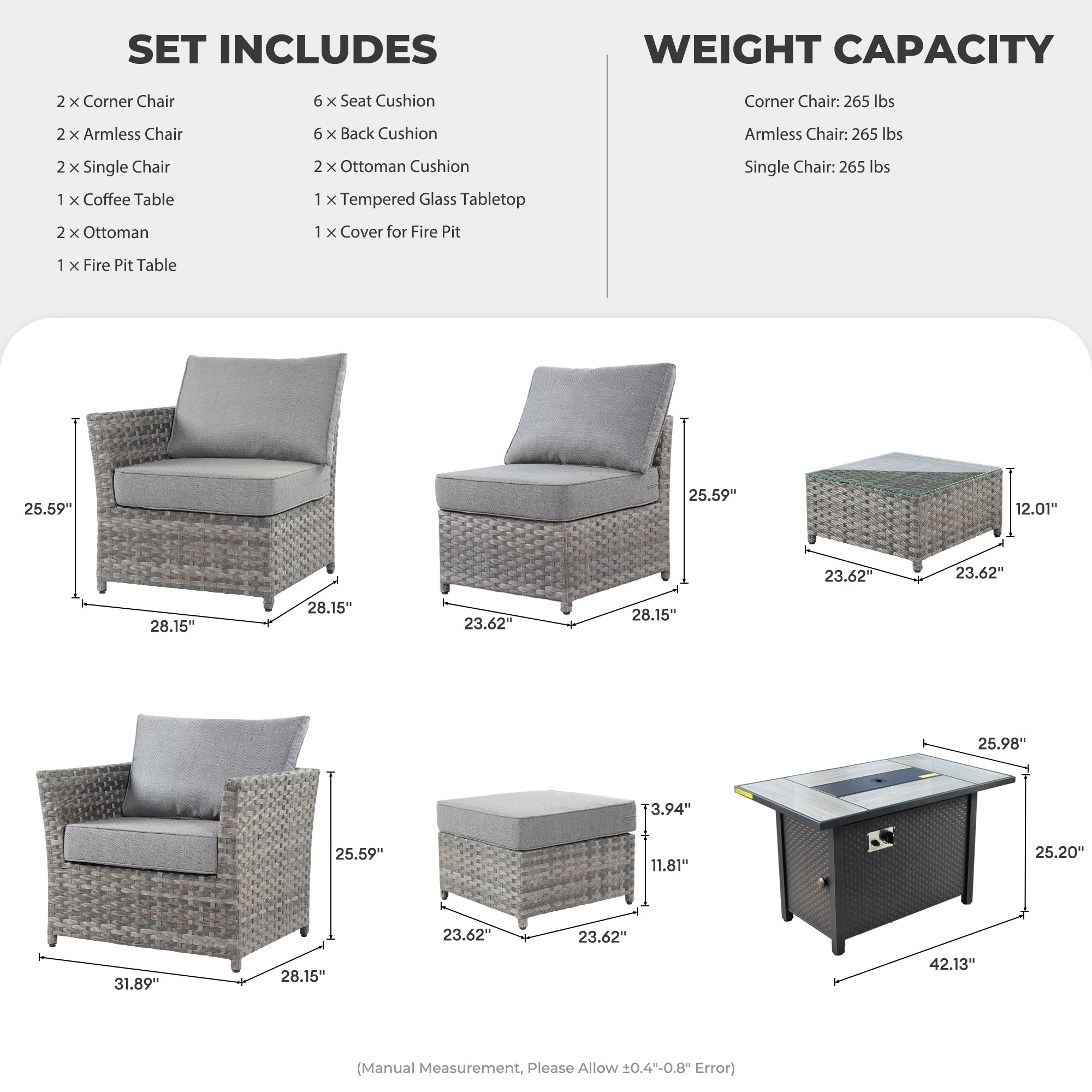 Ovios Patio Furniture Set 10-Piece include 42"Fire Pit Table,New Rimaru Series