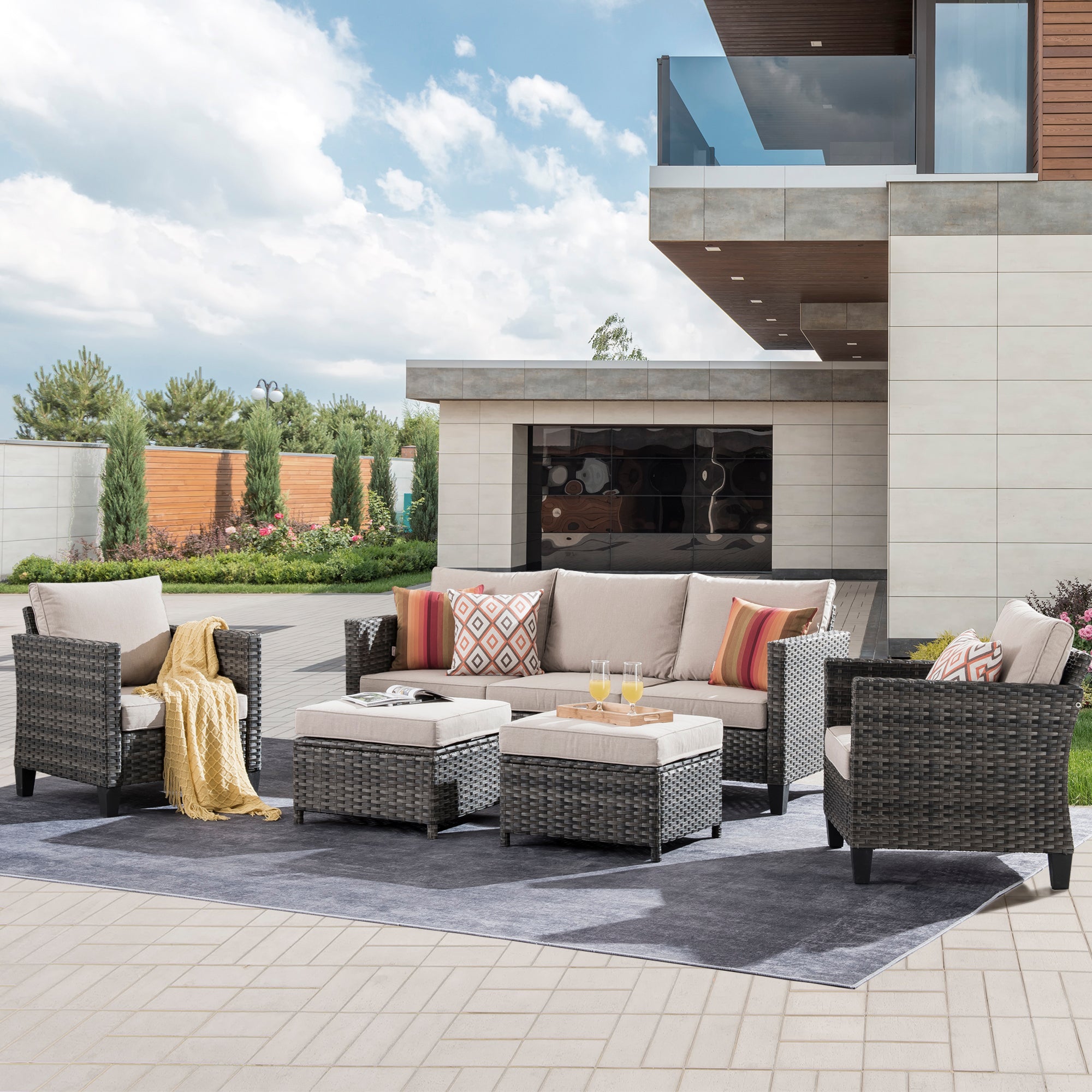 Ovios Outdoor Patio Conversation Set New Vultros 5-Piece High Back Sofa Set with Cushions