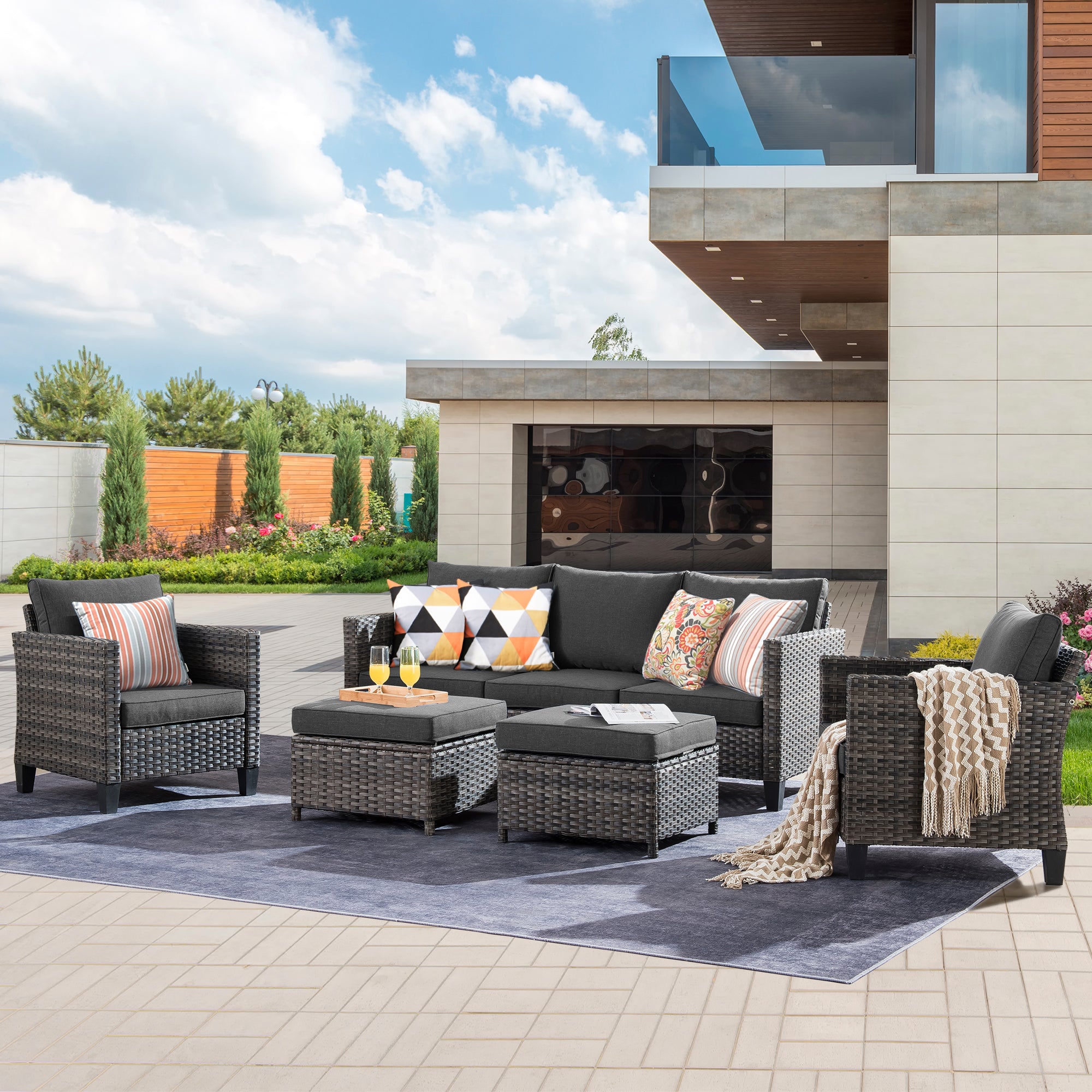 Ovios Outdoor Patio Conversation Set New Vultros 5-Piece High Back Sofa Set with Cushions