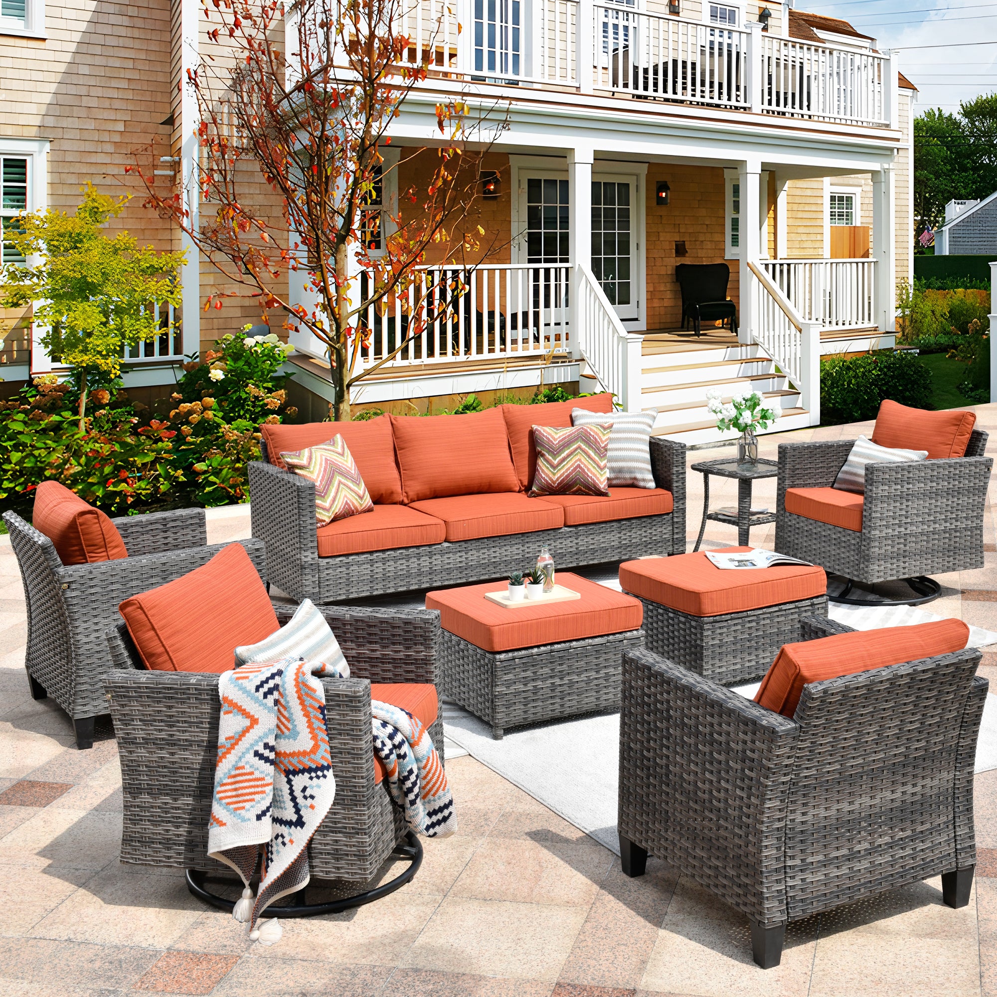 Ovios Patio Set 8 Piece with Swivel Chairs Sturdy Wicker Furniture