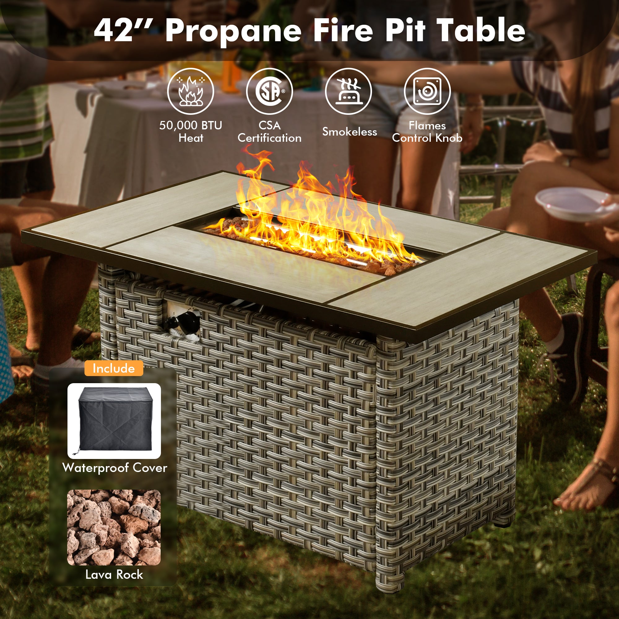 Ovios 42'' Rectangle Propane Fire Pit Table for PAD/SKT Series