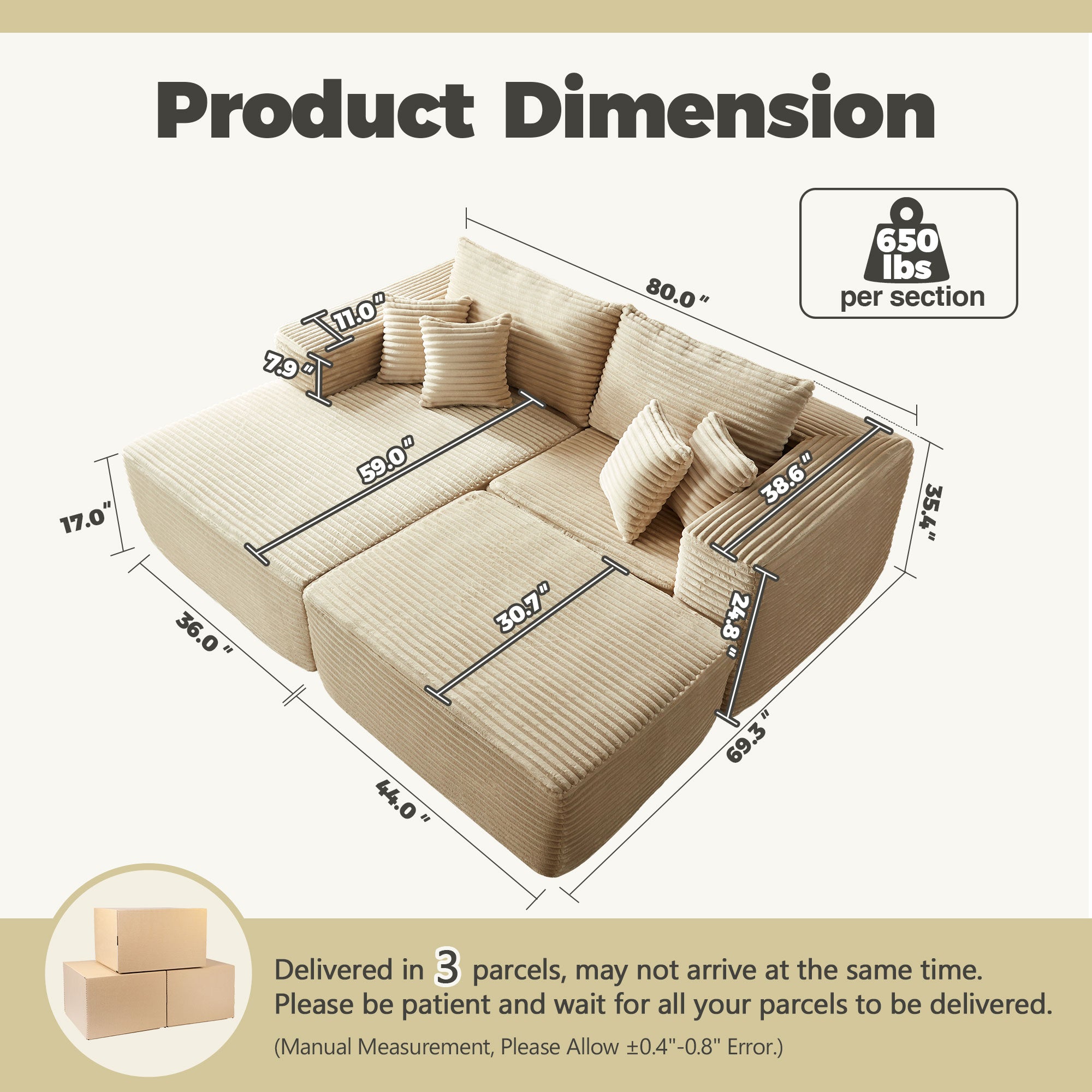 Ovios 80"Modular Couch with Chaise&Ottoman, Sleeper Sofa, No Assembly Required