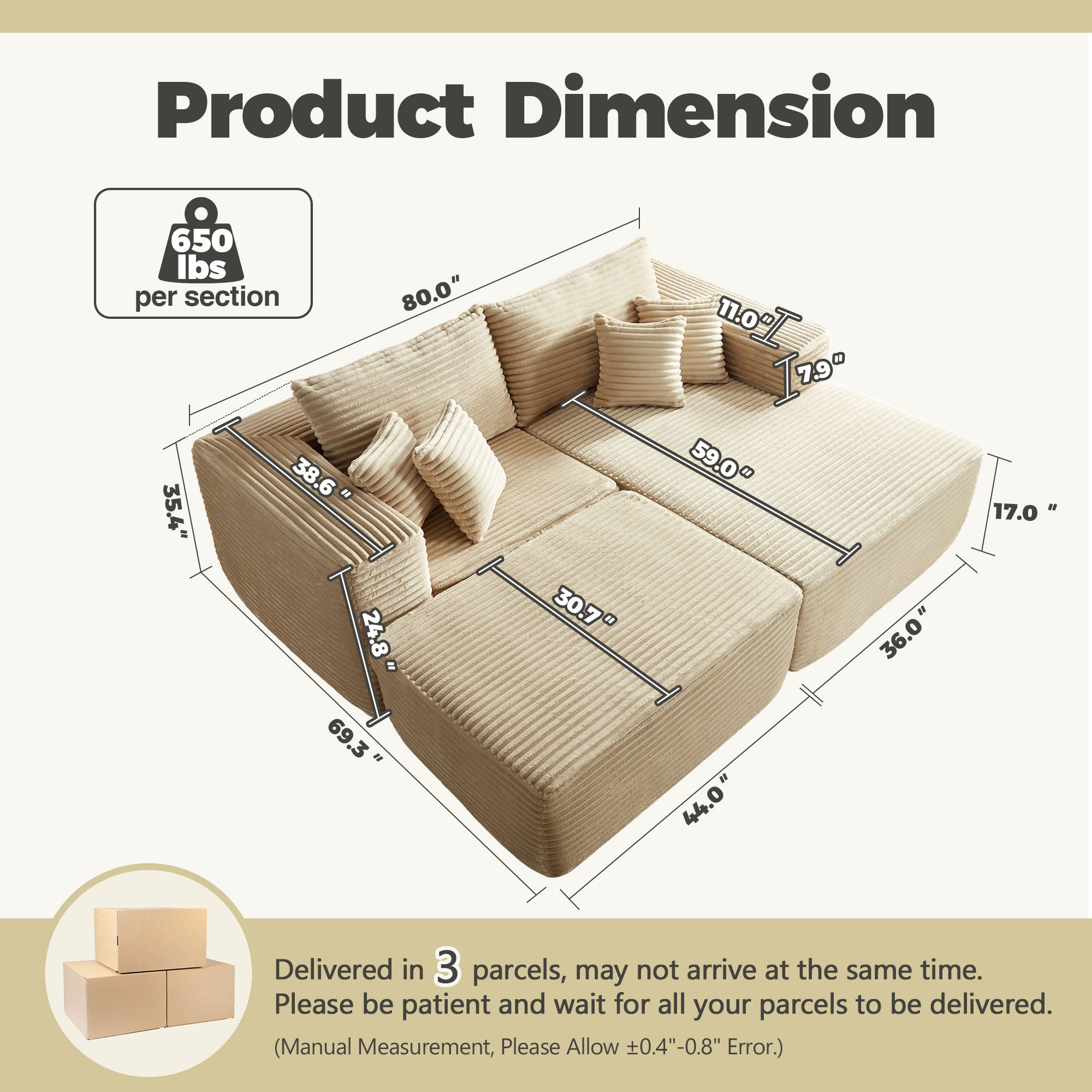 Ovios 80"Modular Couch with Chaise&Ottoman, Sleeper Sofa, No Assembly Required