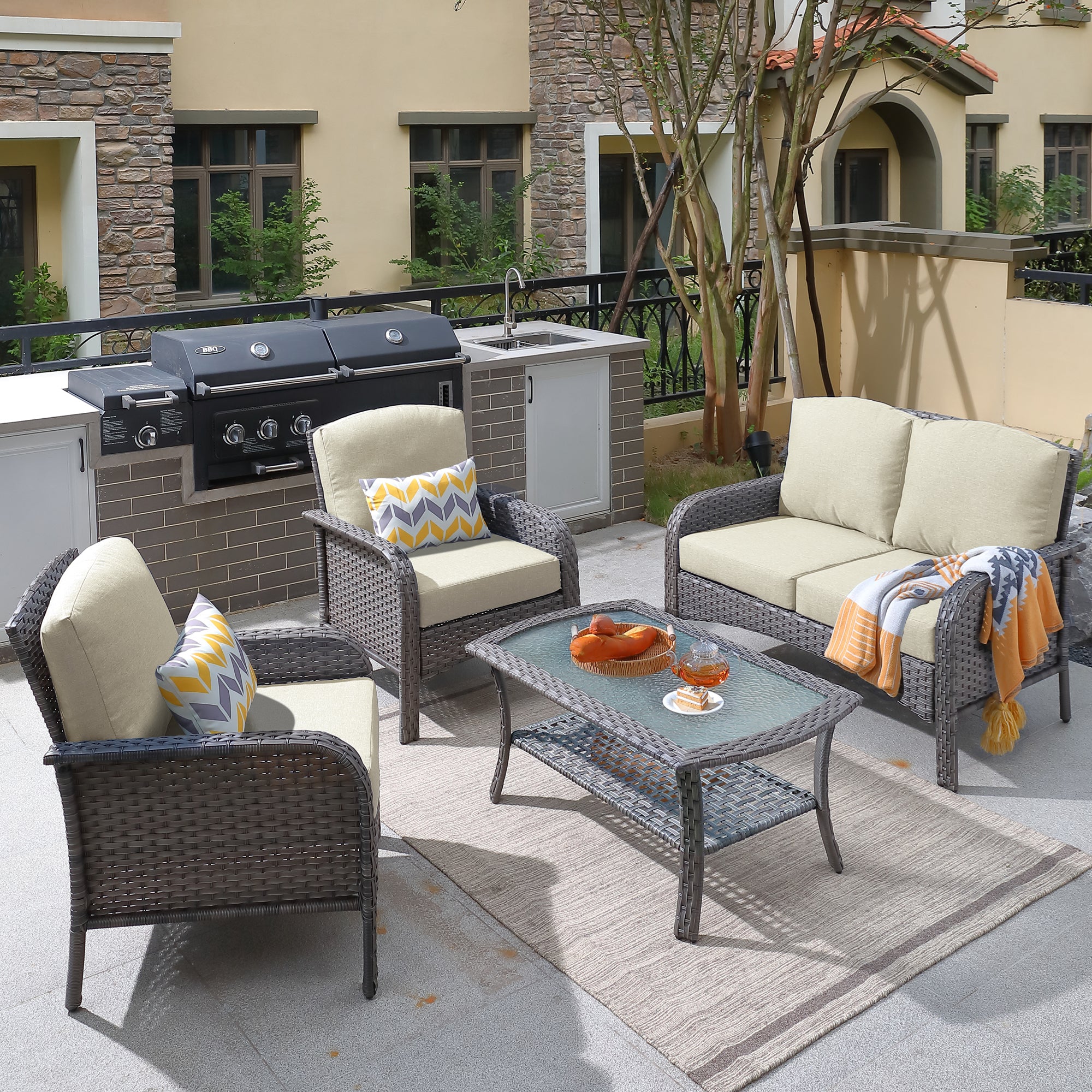 Ovios Patio Furniture Set New August 4 Piece High Back All Weather PE Wicker