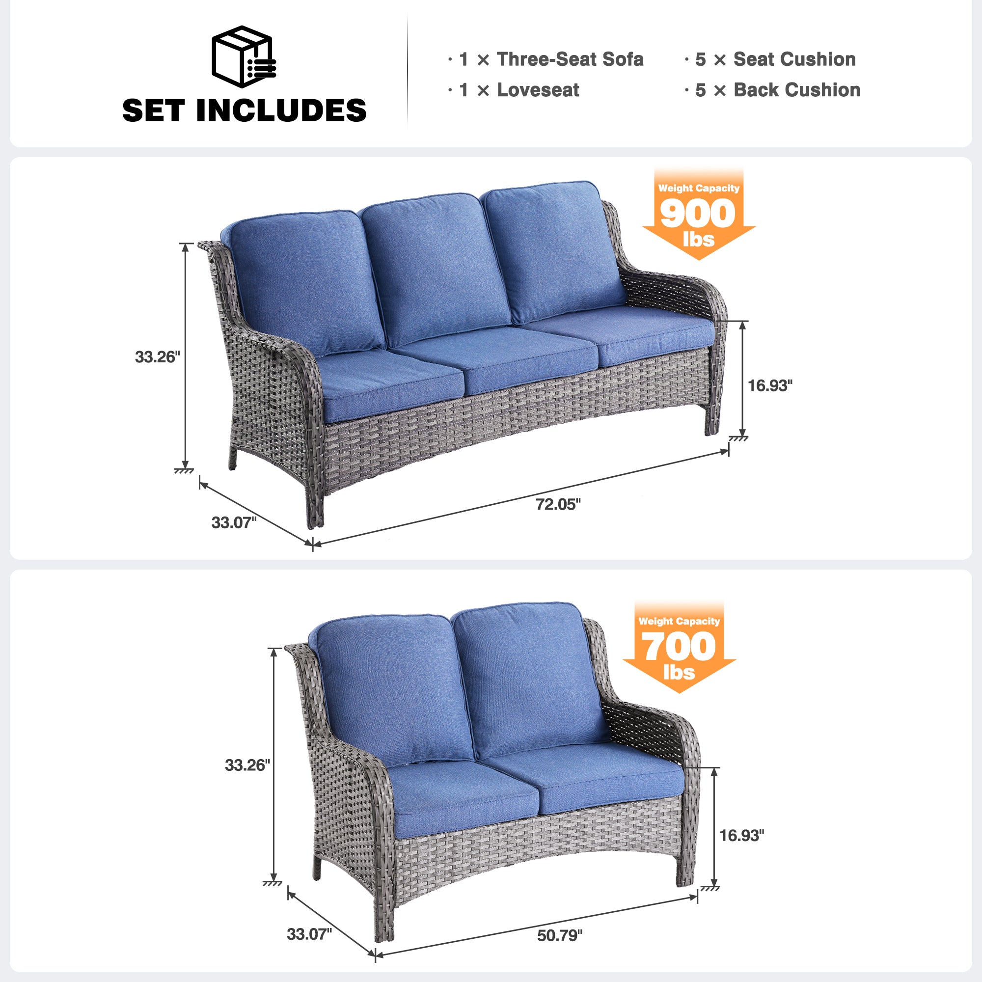 Ovios Patio Kenard 2-Piece Conversation Set with Loveseat and Three-seat Couch