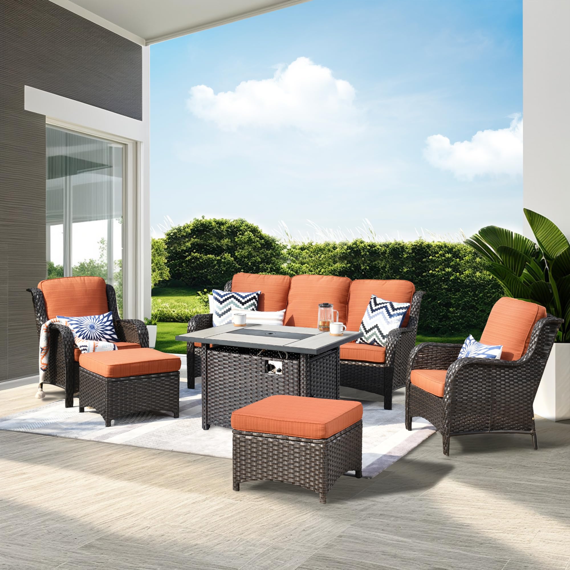 Ovios Patio 6-Piece Conversation Set with 42'' Rectangle Propane Fire Pit Table Kenard