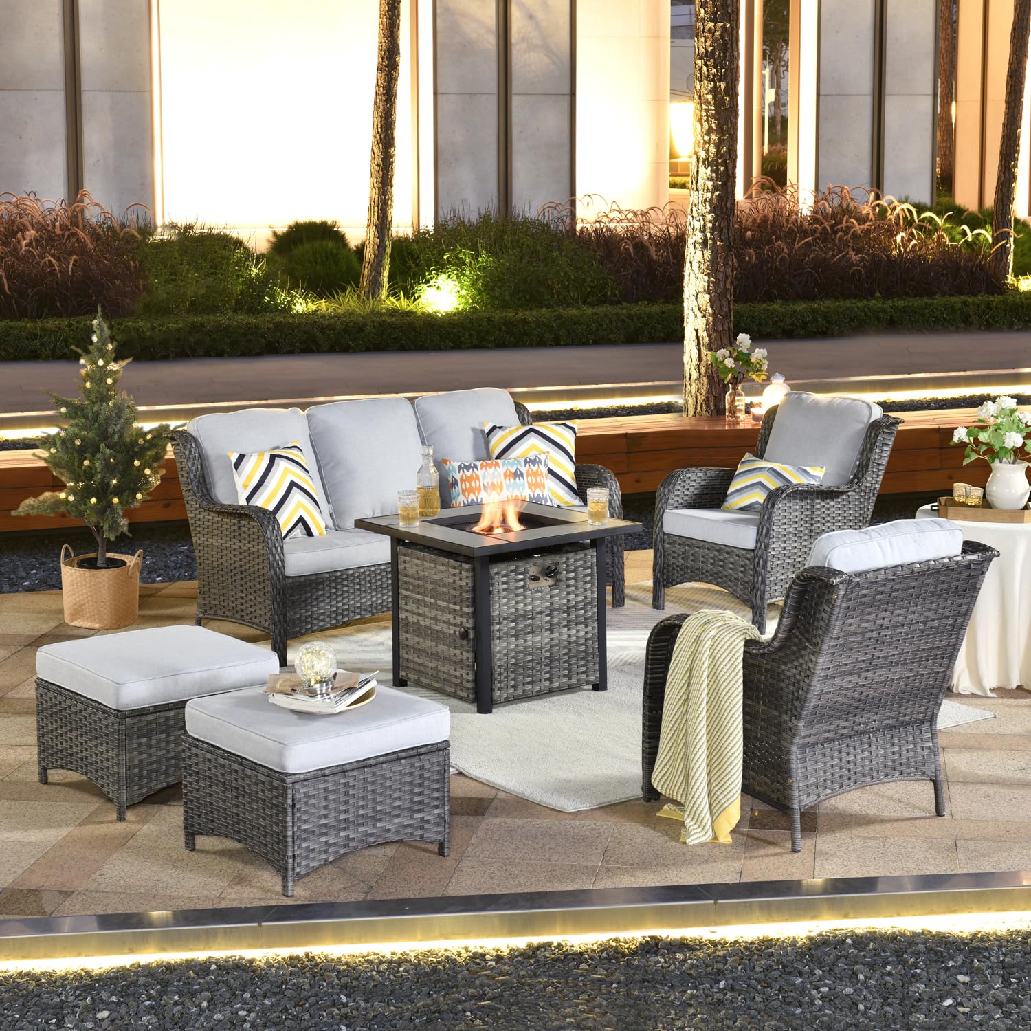 Ovios Patio Conversation Set 6-Piece with 30' Fire Pit Table and Kenard Set