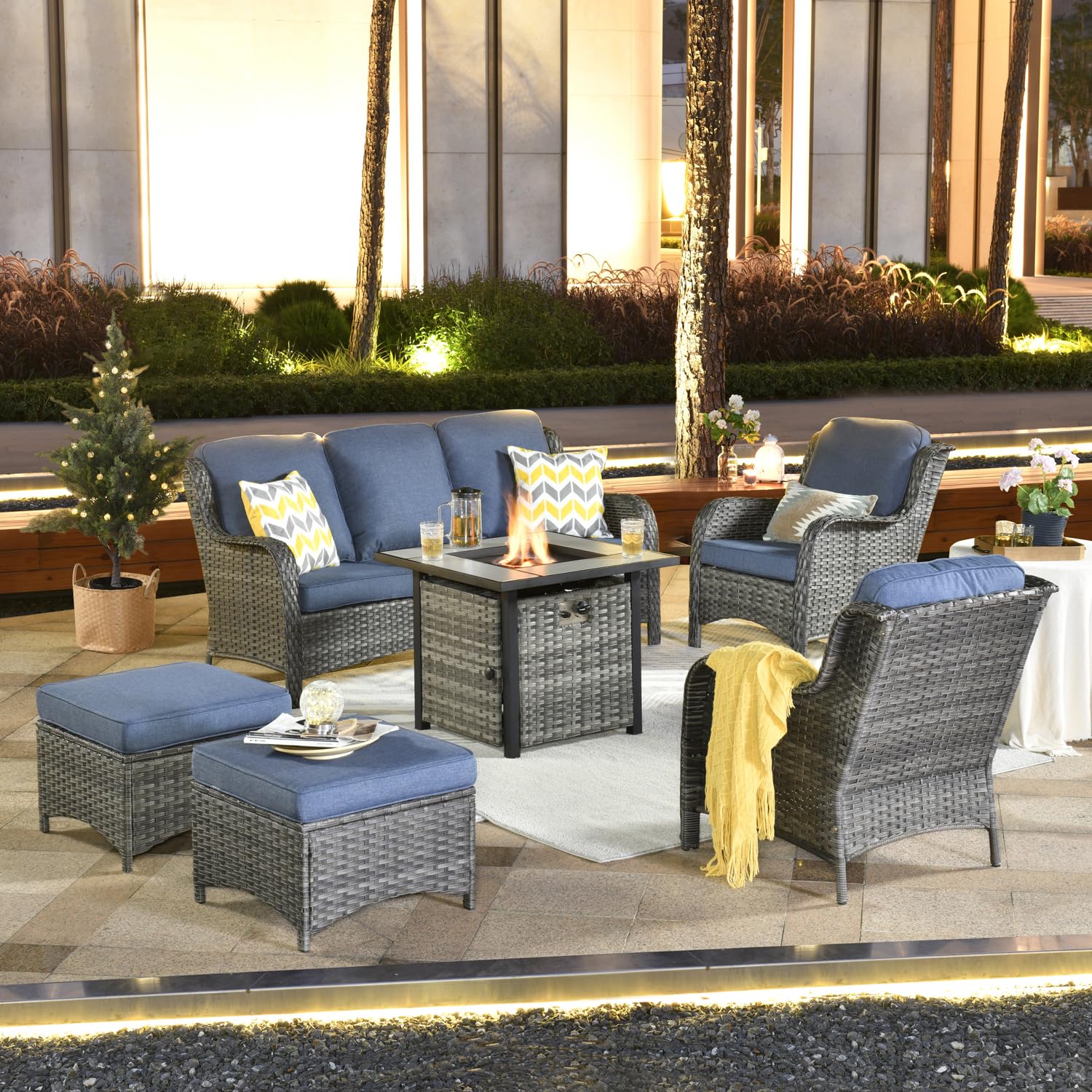 Ovios Patio Conversation Set 6-Piece with 30' Fire Pit Table and Kenard Set