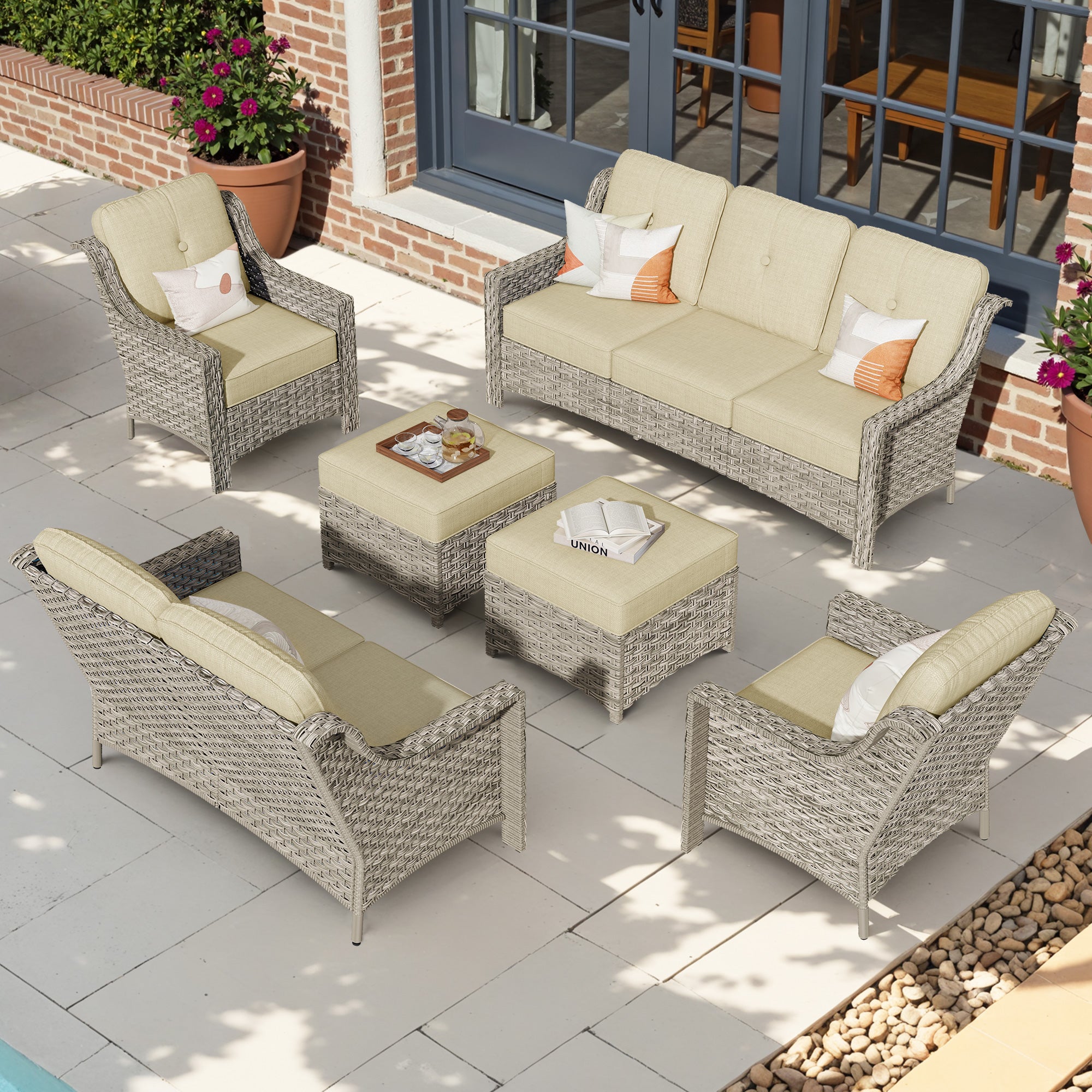 Ovios 6 Pieces Patio Furniture Set, Outdoor Sofa Couch with Ottomans