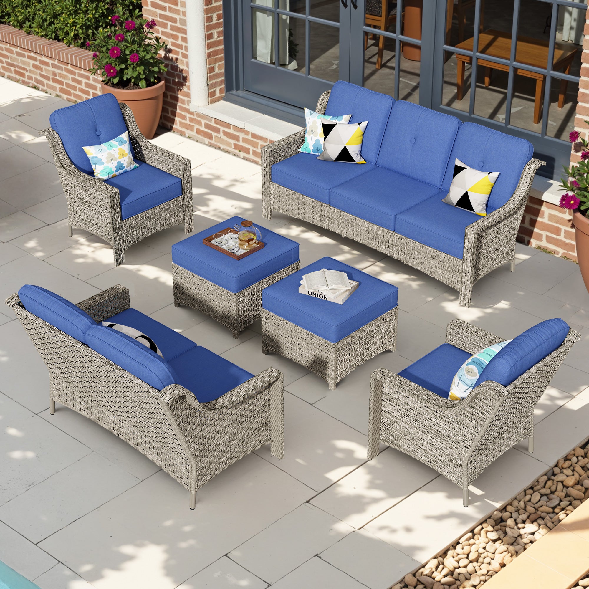 Ovios 6 Pieces Patio Furniture Set, Outdoor Sofa Couch with Ottomans