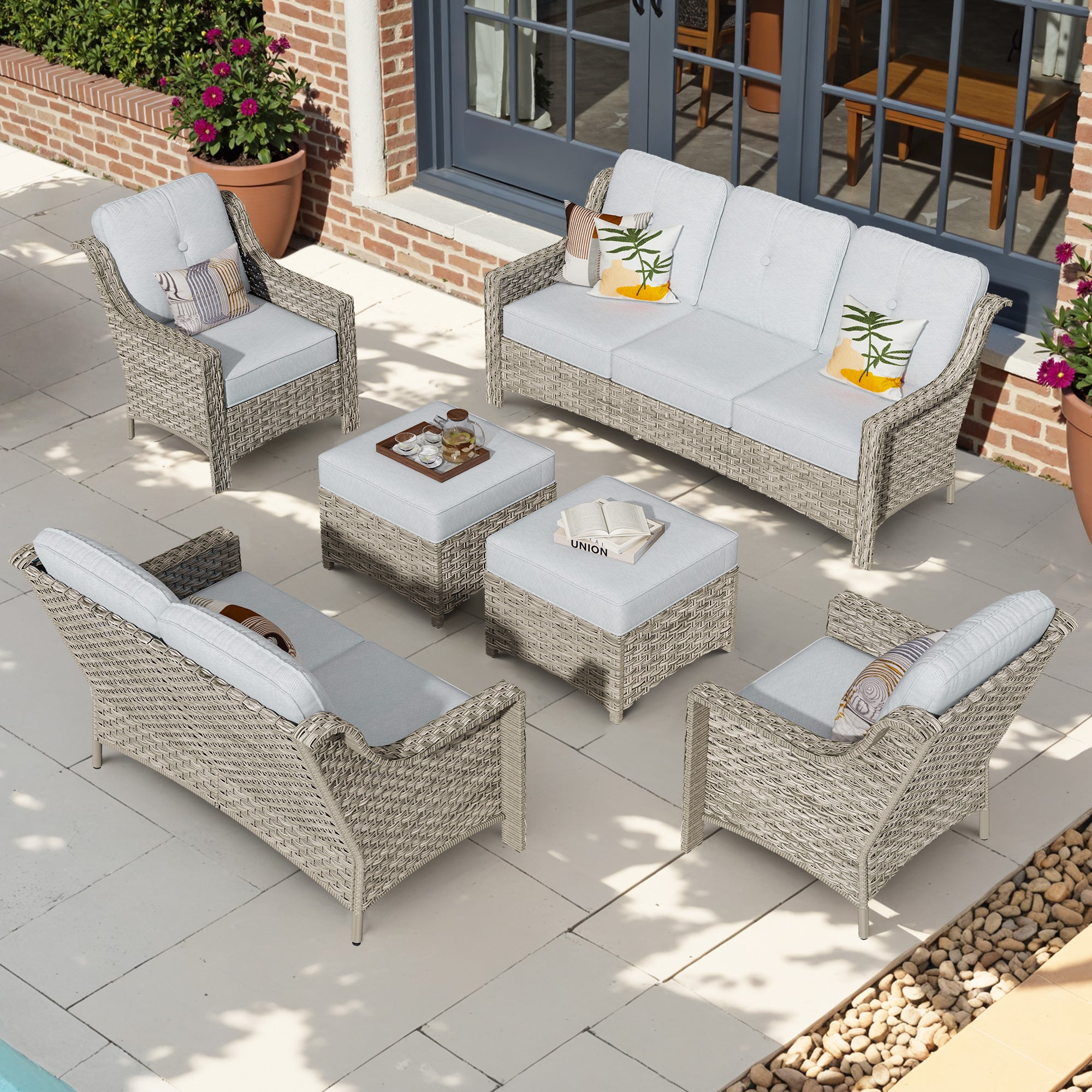 Ovios 6 Pieces Patio Furniture Set, Outdoor Sofa Couch with Ottomans