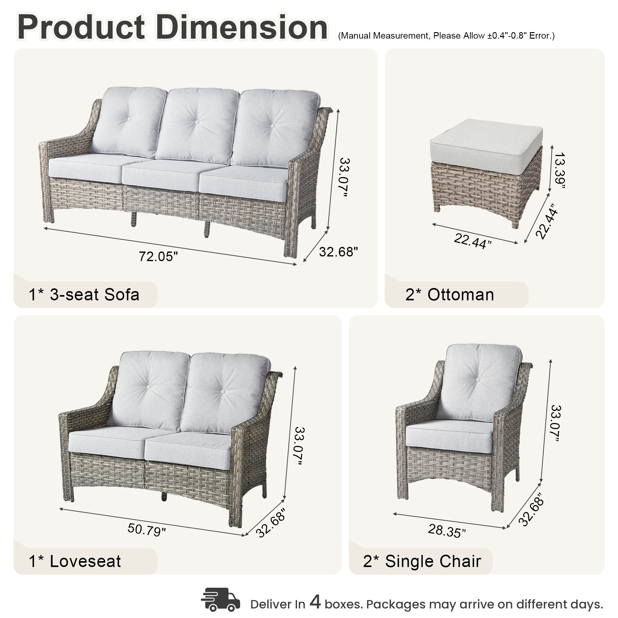 Ovios 6 Pieces Patio Furniture Set, Outdoor Sofa Couch with Ottomans