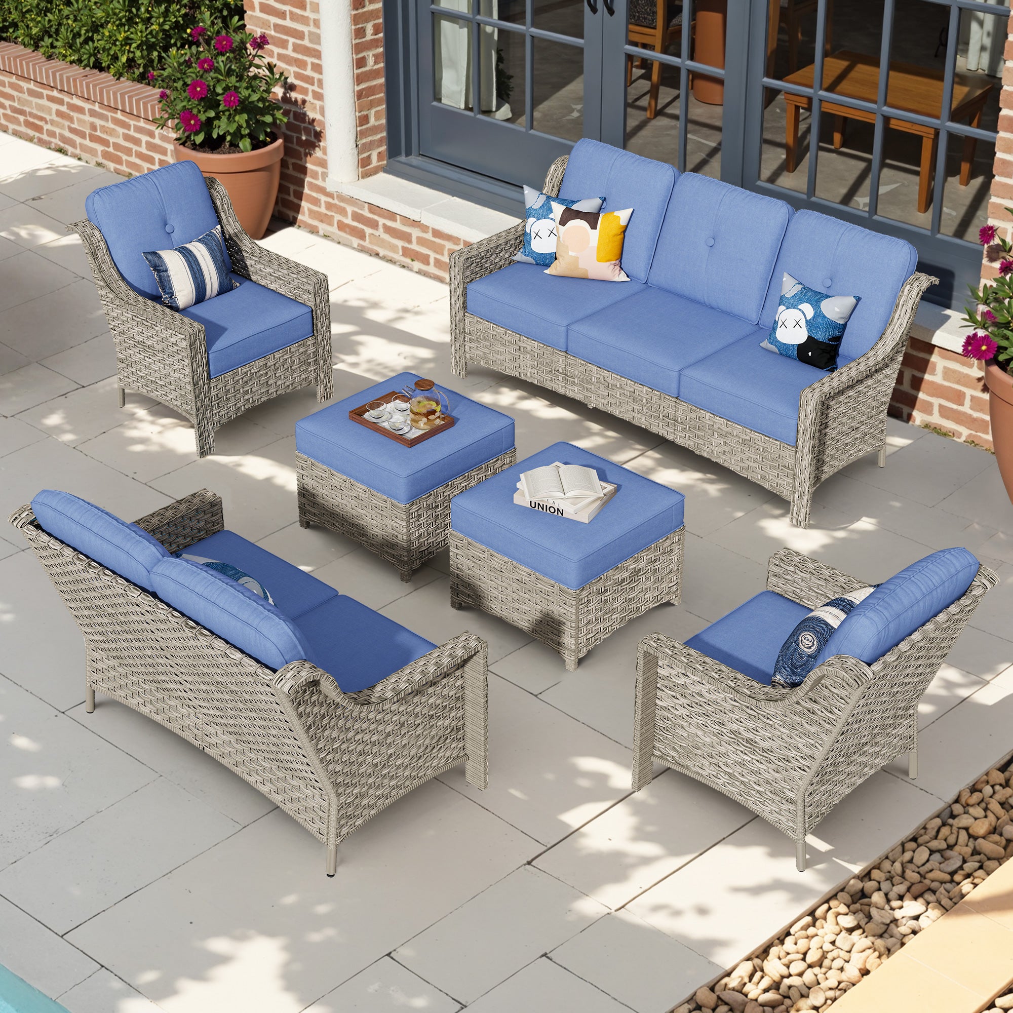 Ovios 6 Pieces Patio Furniture Set, Outdoor Sofa Couch with Ottomans