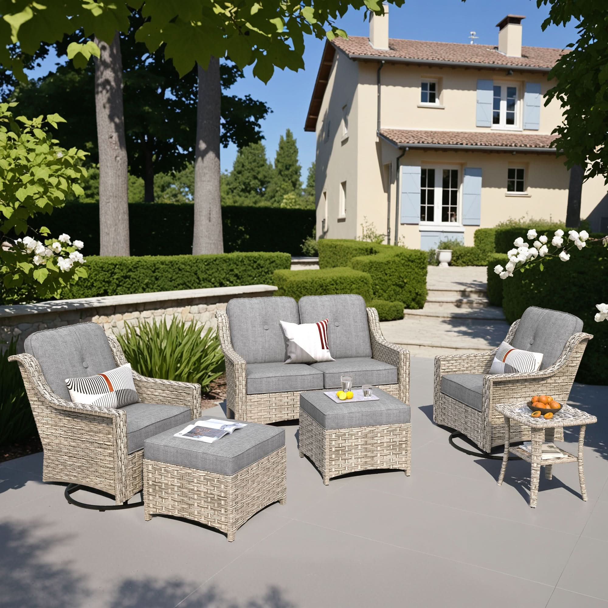 Outdoor 6 Pieces Coversation Set with Swivel Rocking Chair