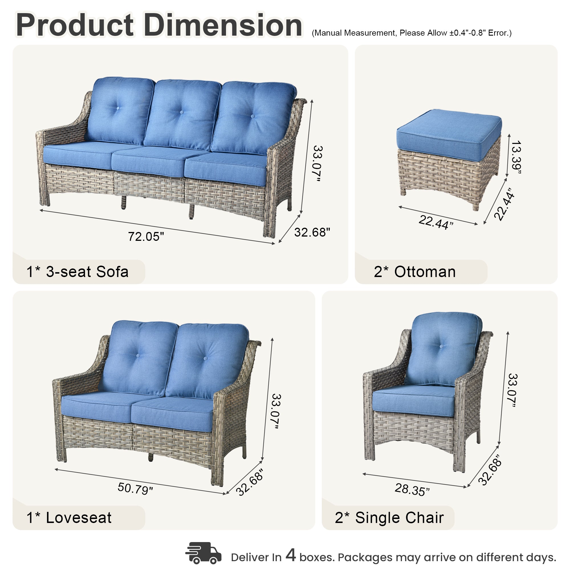 Ovios 6 Pieces Patio Furniture Set, Outdoor Sofa Couch with Ottomans