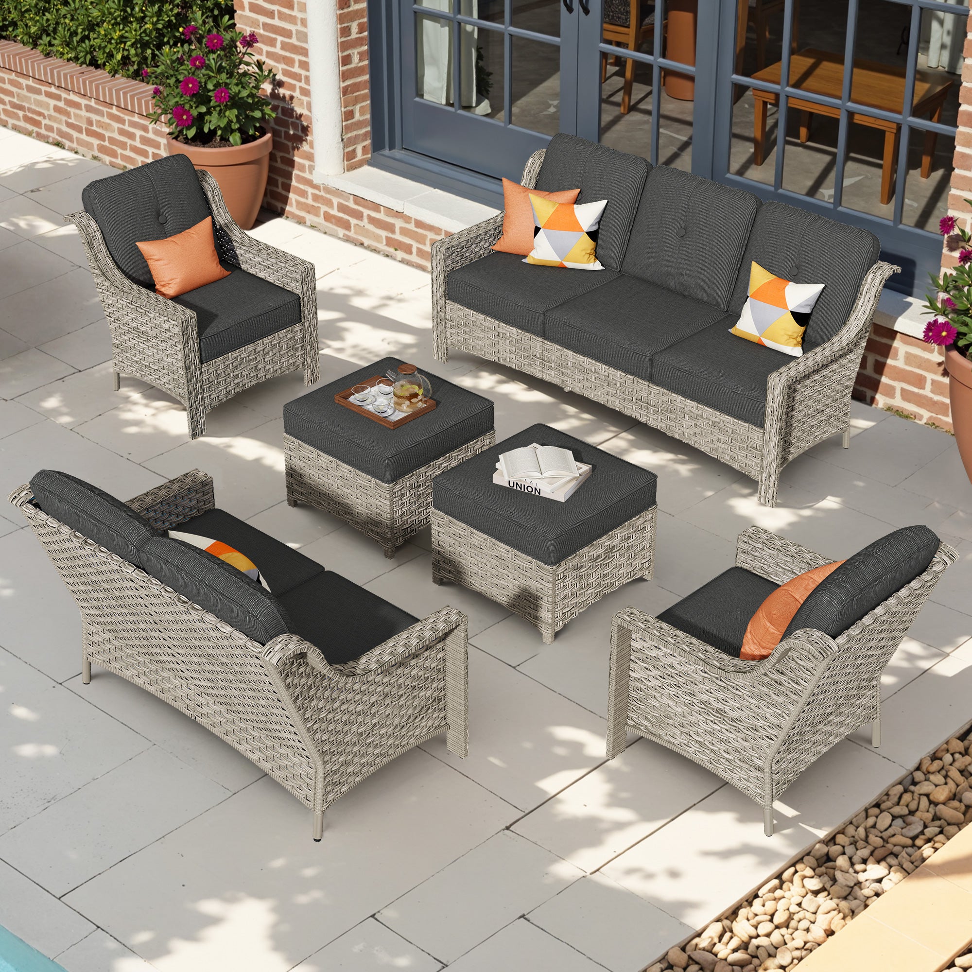 Ovios 6 Pieces Patio Furniture Set, Outdoor Sofa Couch with Ottomans