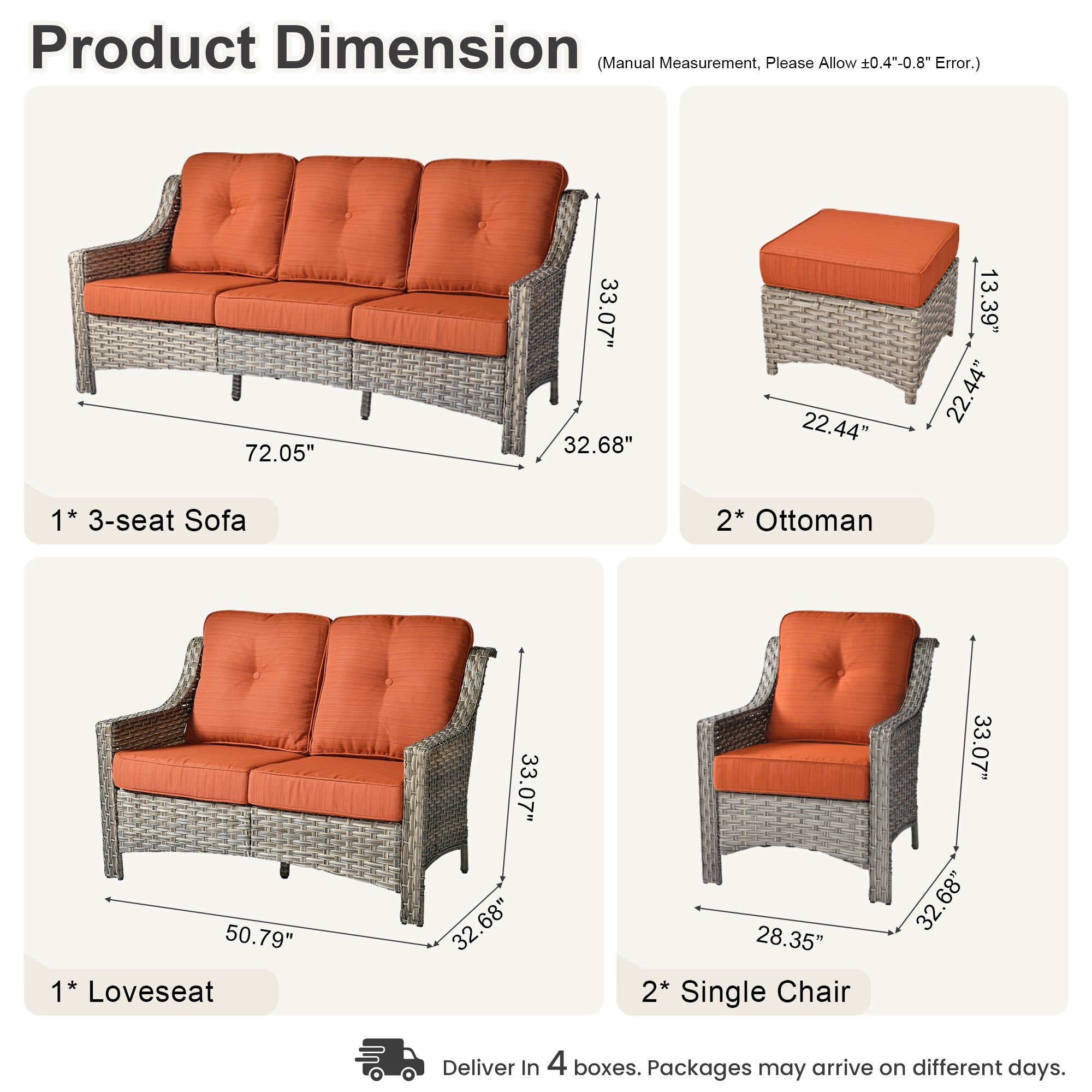 Ovios 6 Pieces Patio Furniture Set, Outdoor Sofa Couch with Ottomans