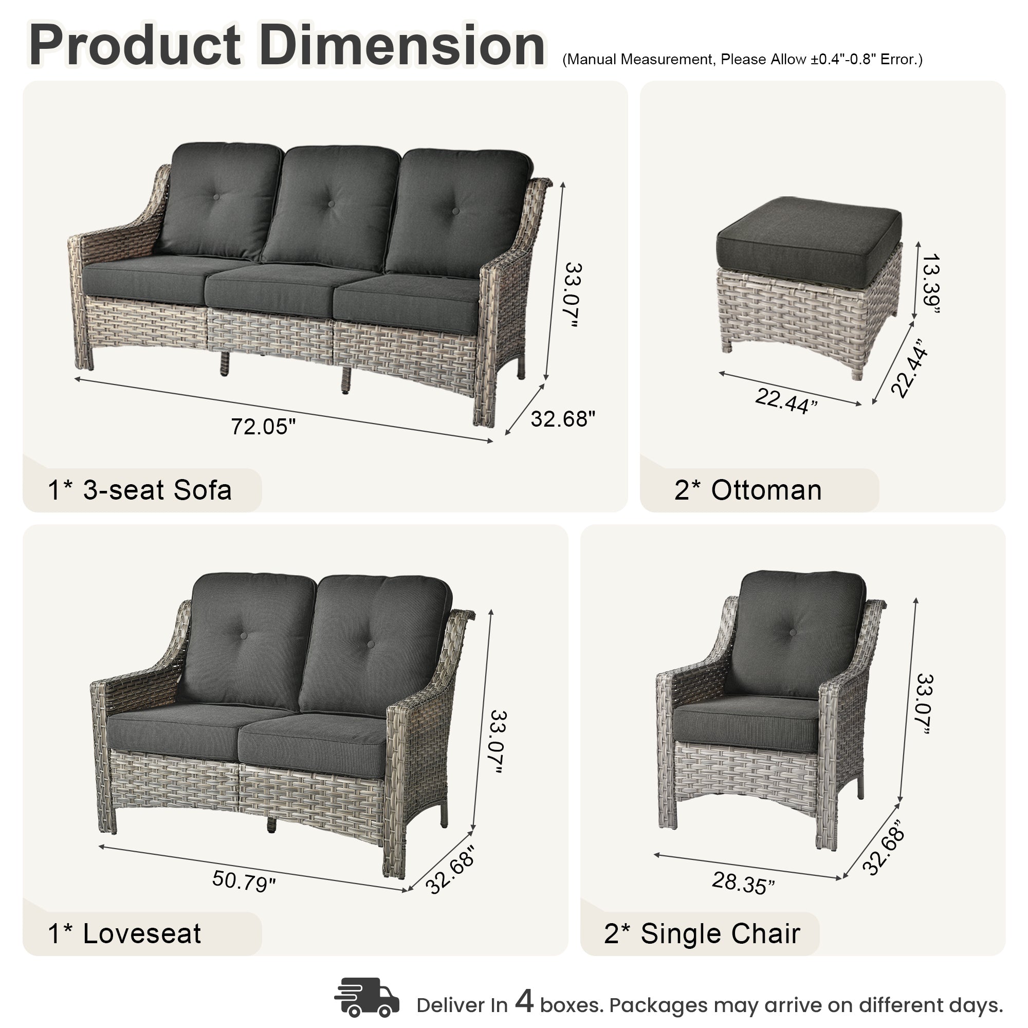 Ovios 6 Pieces Patio Furniture Set, Outdoor Sofa Couch with Ottomans