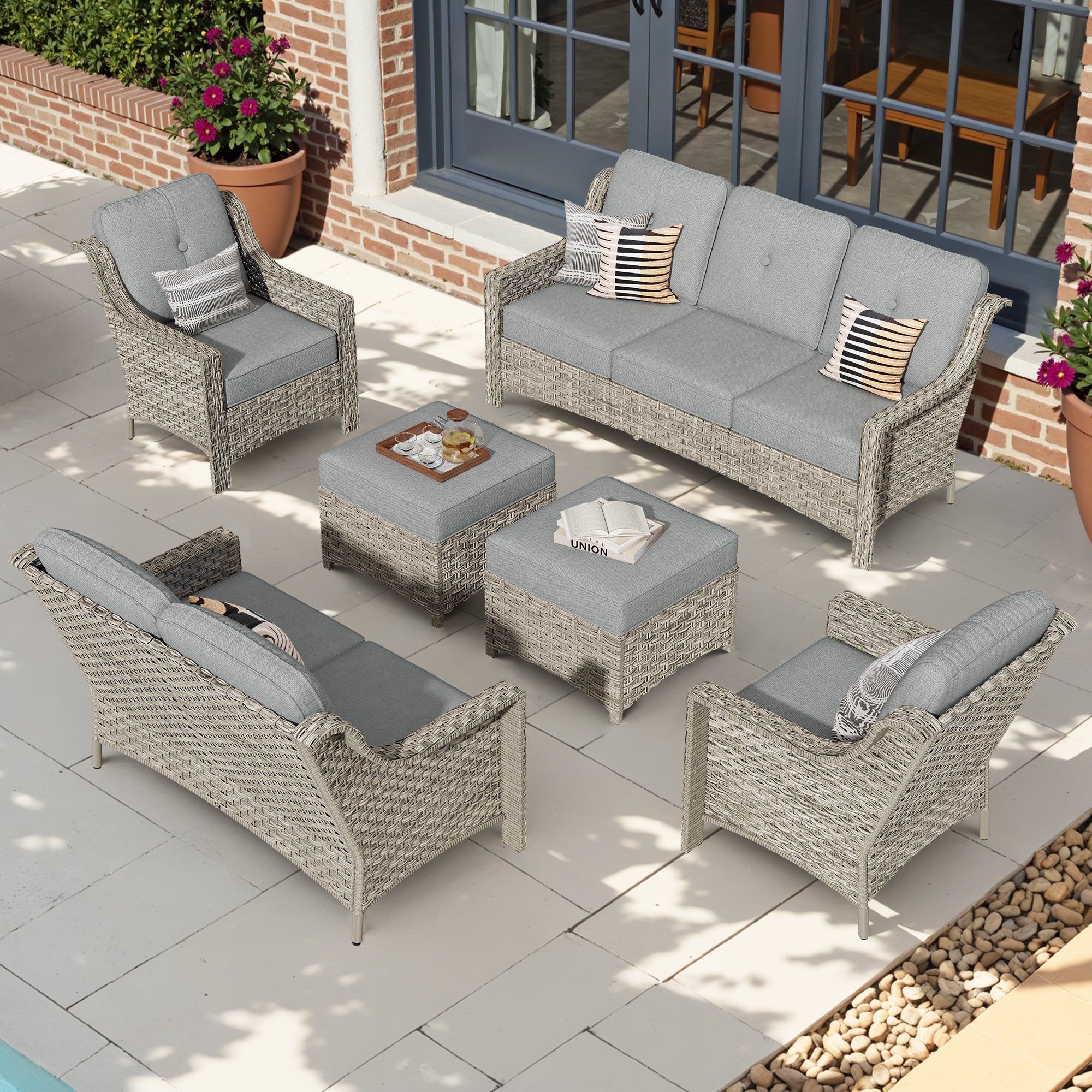 Ovios 6 Pieces Patio Furniture Set, Outdoor Sofa Couch with Ottomans