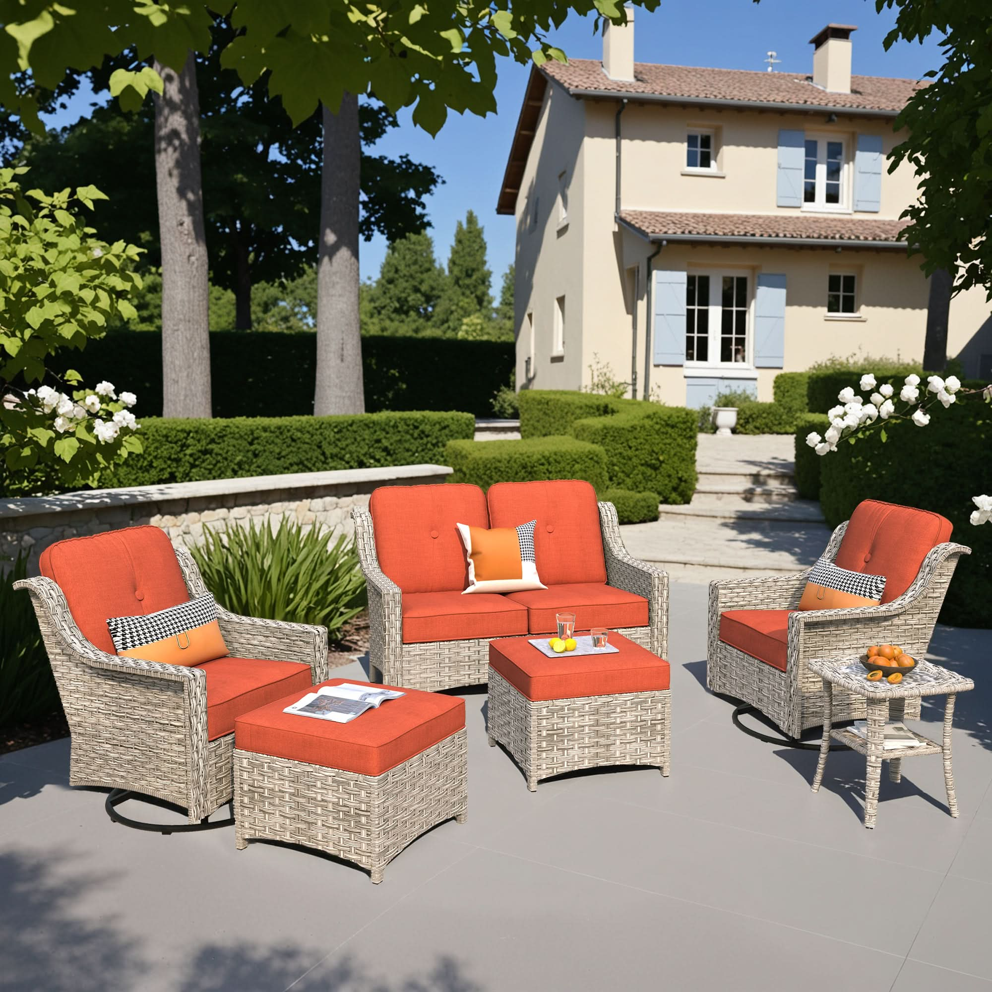 Outdoor 6 Pieces Coversation Set with Swivel Rocking Chair