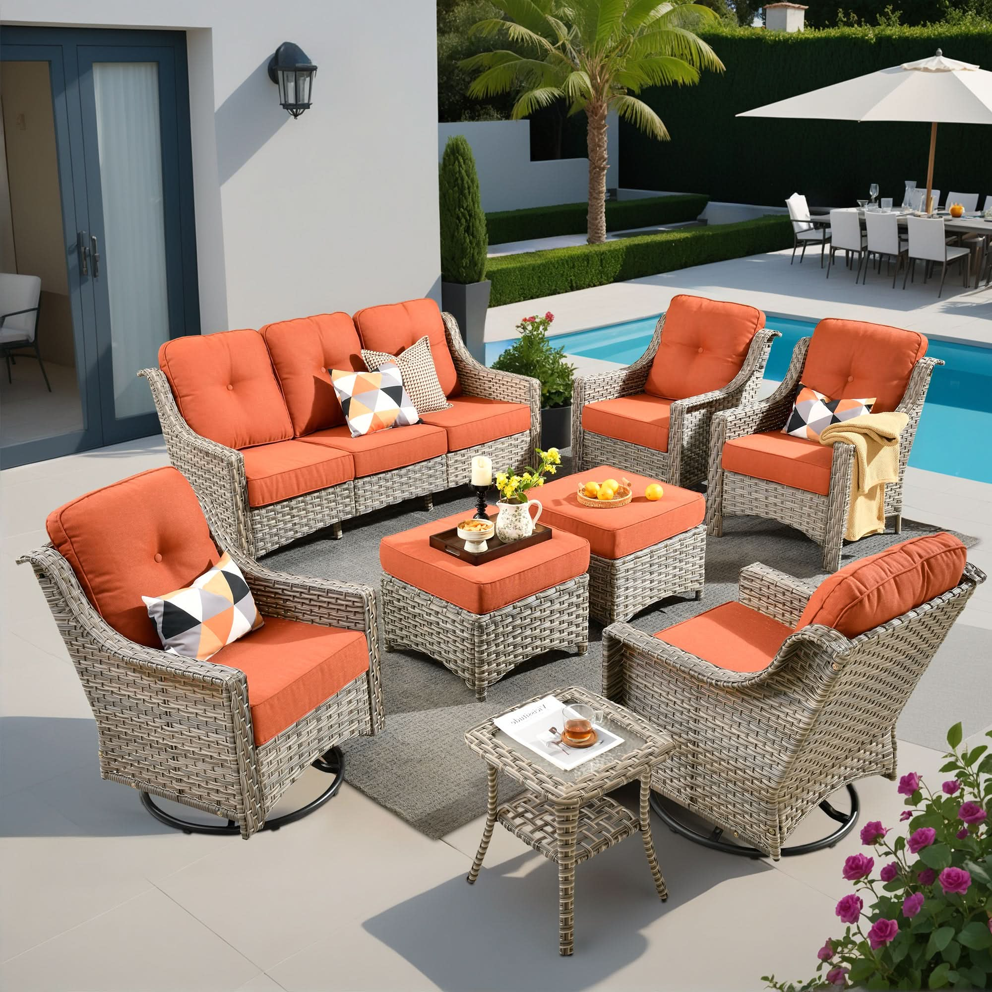 Outdoor 8 Pieces Coversation Set with Swivel Rocking Chair