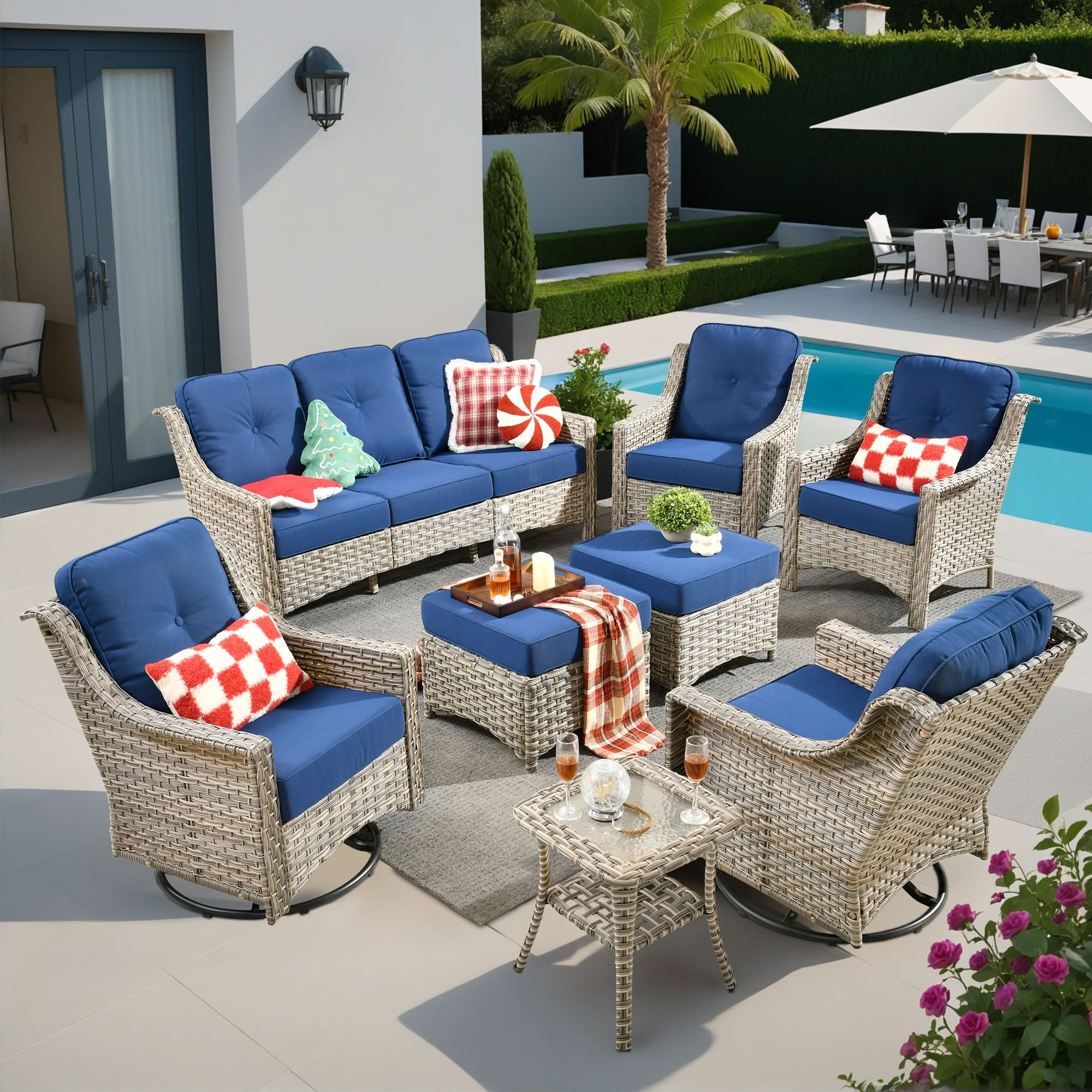 Outdoor 8 Pieces Coversation Set with Swivel Rocking Chair