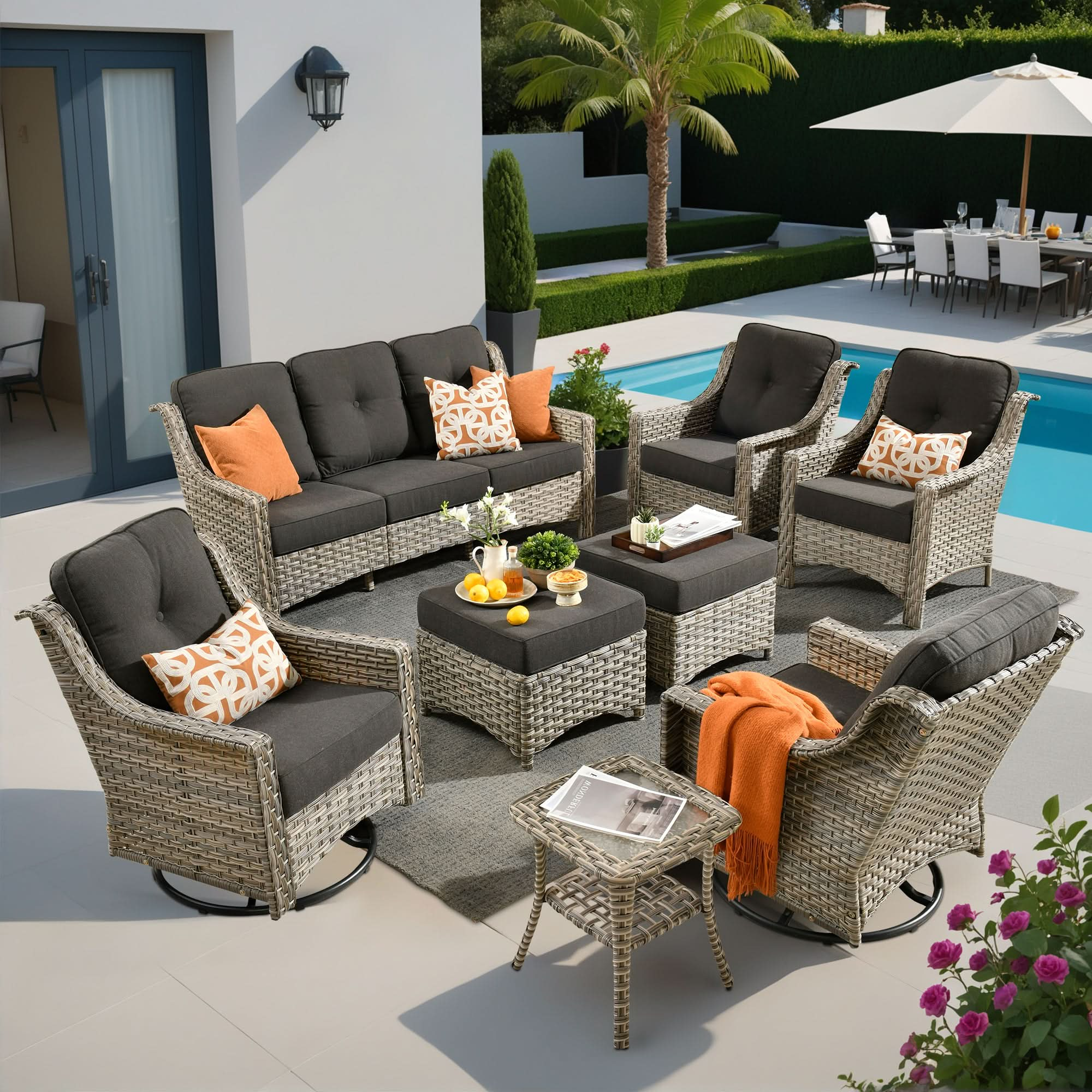 Outdoor 8 Pieces Coversation Set with Swivel Rocking Chair