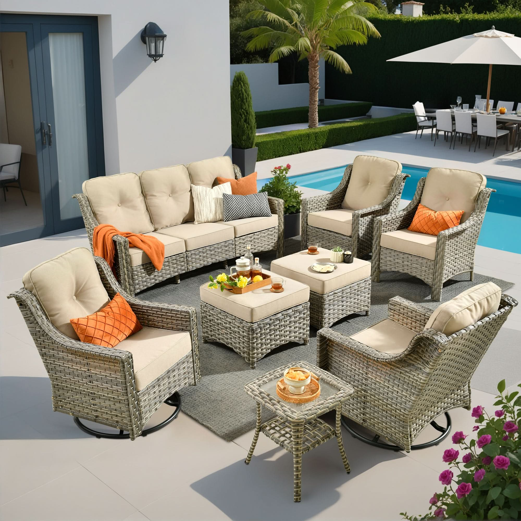 Outdoor 8 Pieces Coversation Set with Swivel Rocking Chair