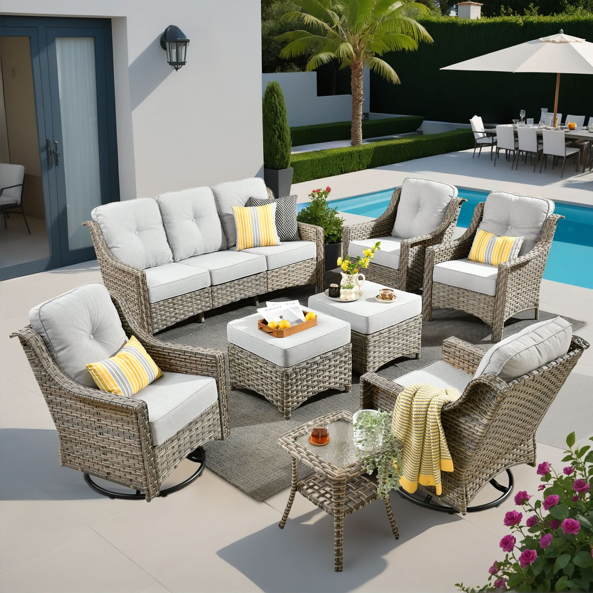 Outdoor 8 Pieces Coversation Set with Swivel Rocking Chair