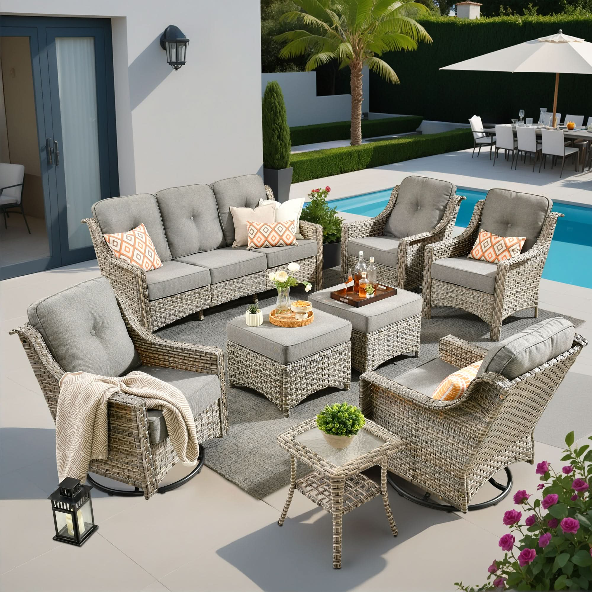 Outdoor 8 Pieces Coversation Set with Swivel Rocking Chair