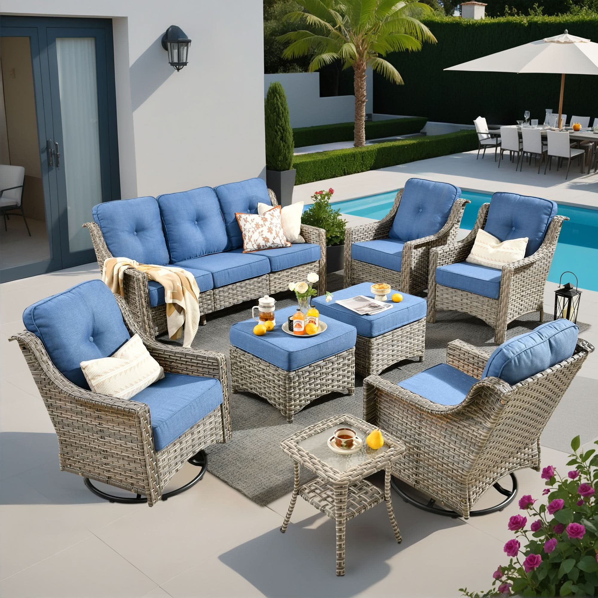 Outdoor 8 Pieces Coversation Set with Swivel Rocking Chair