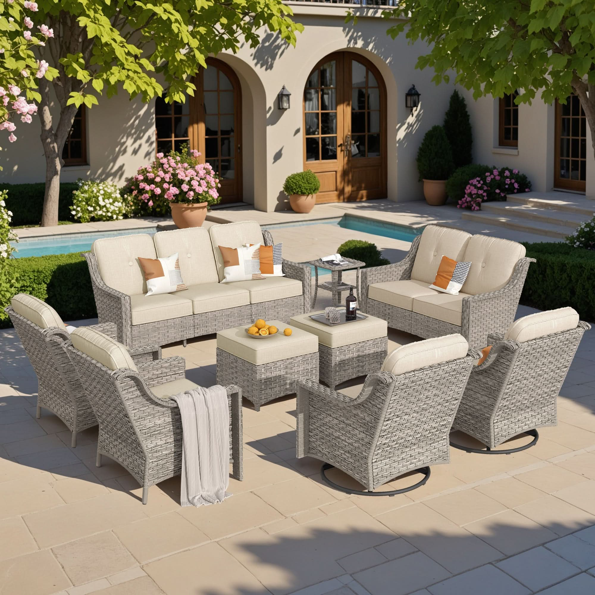 Outdoor 9 Pieces Coversation Set with Swivel Rocking Chair