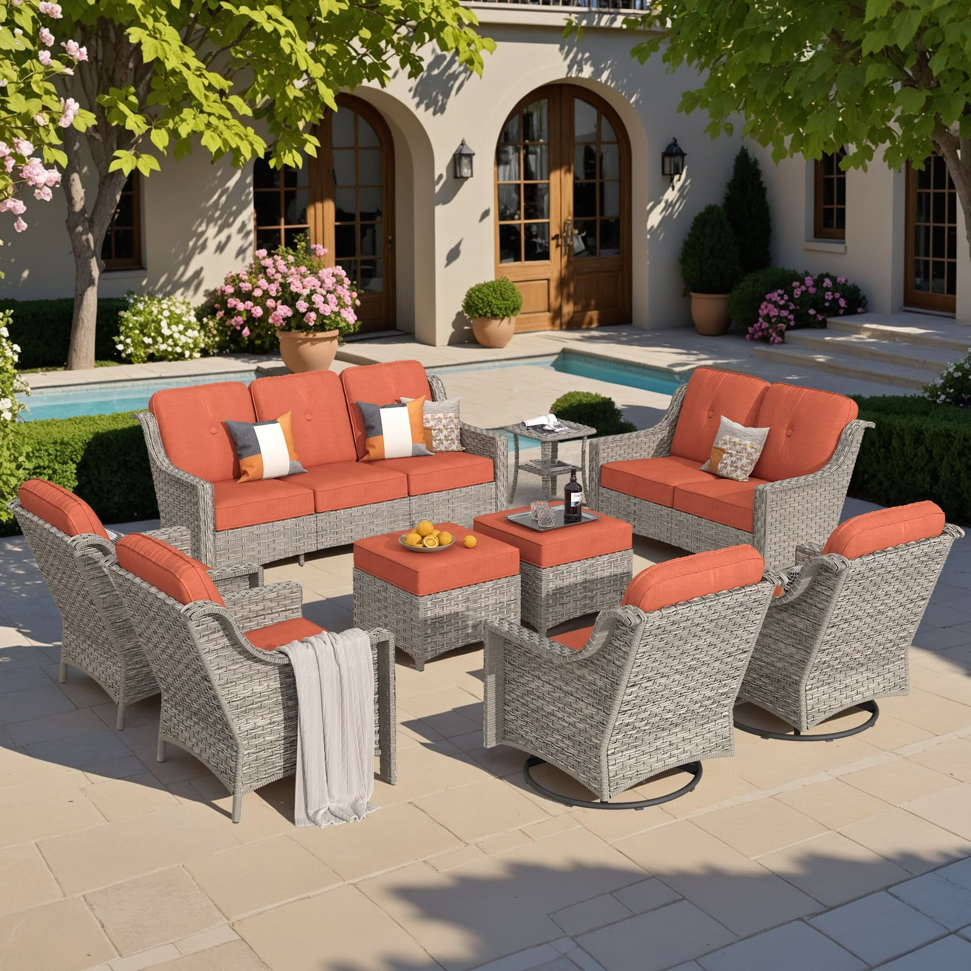 Outdoor 9 Pieces Coversation Set with Swivel Rocking Chair