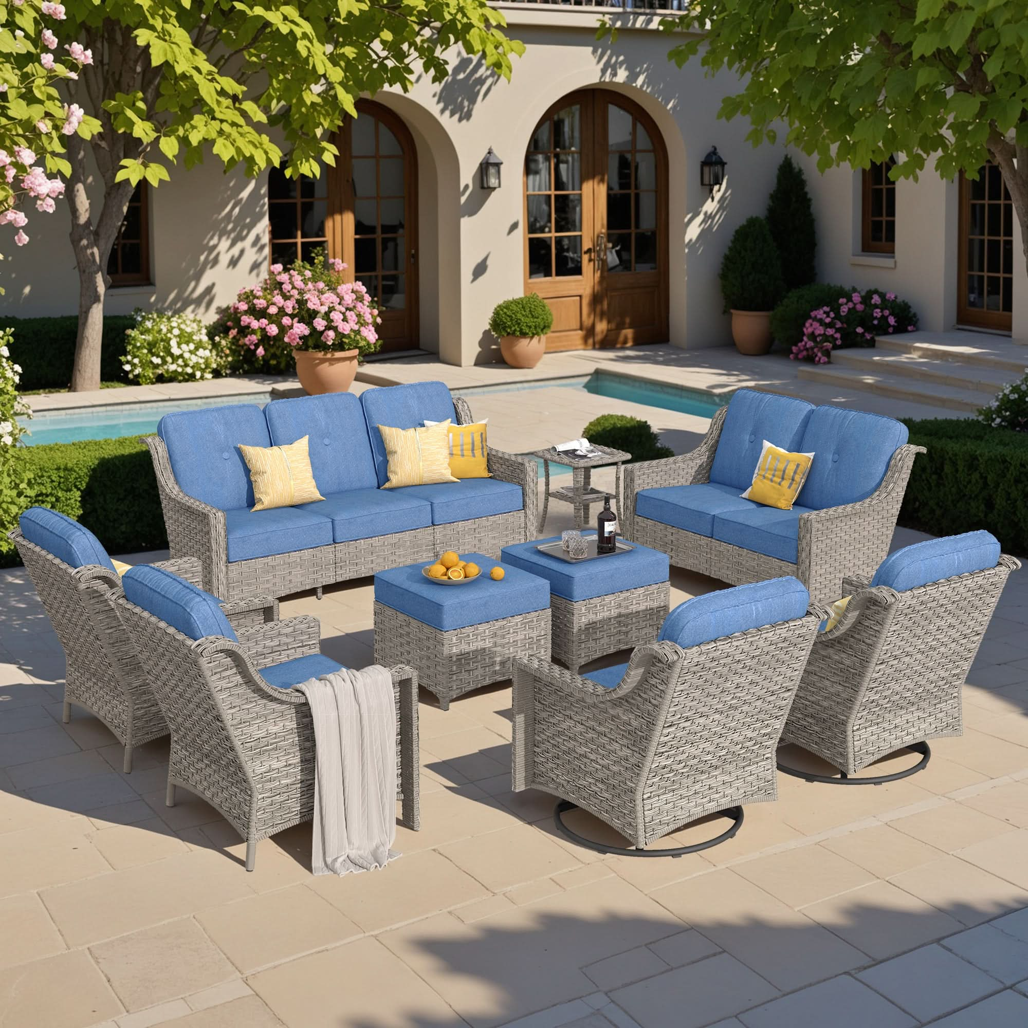 Outdoor 9 Pieces Coversation Set with Swivel Rocking Chair