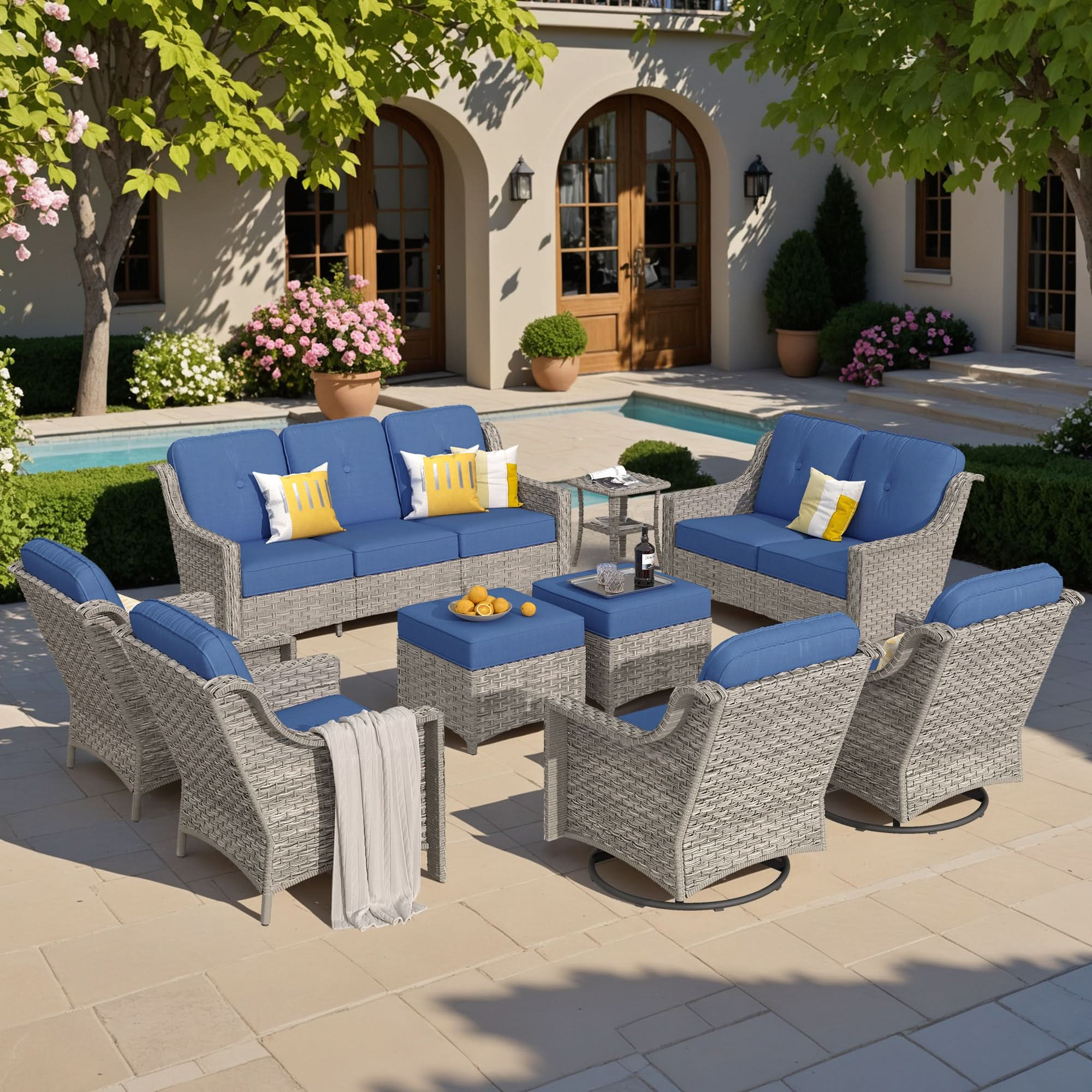 Outdoor 9 Pieces Coversation Set with Swivel Rocking Chair