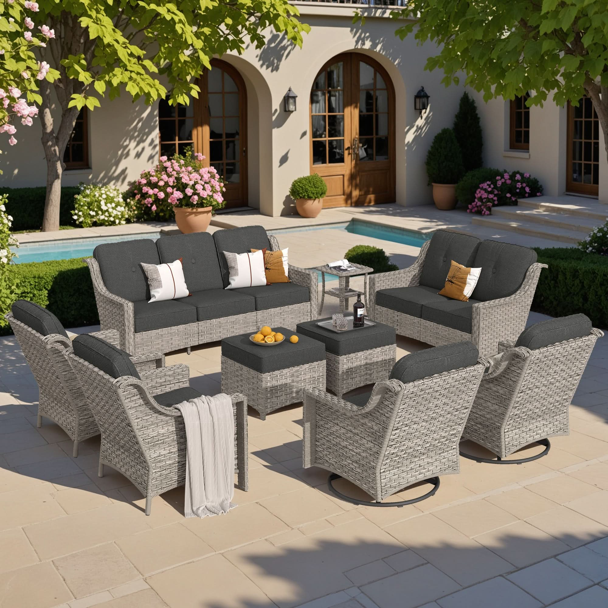 Outdoor 9 Pieces Coversation Set with Swivel Rocking Chair