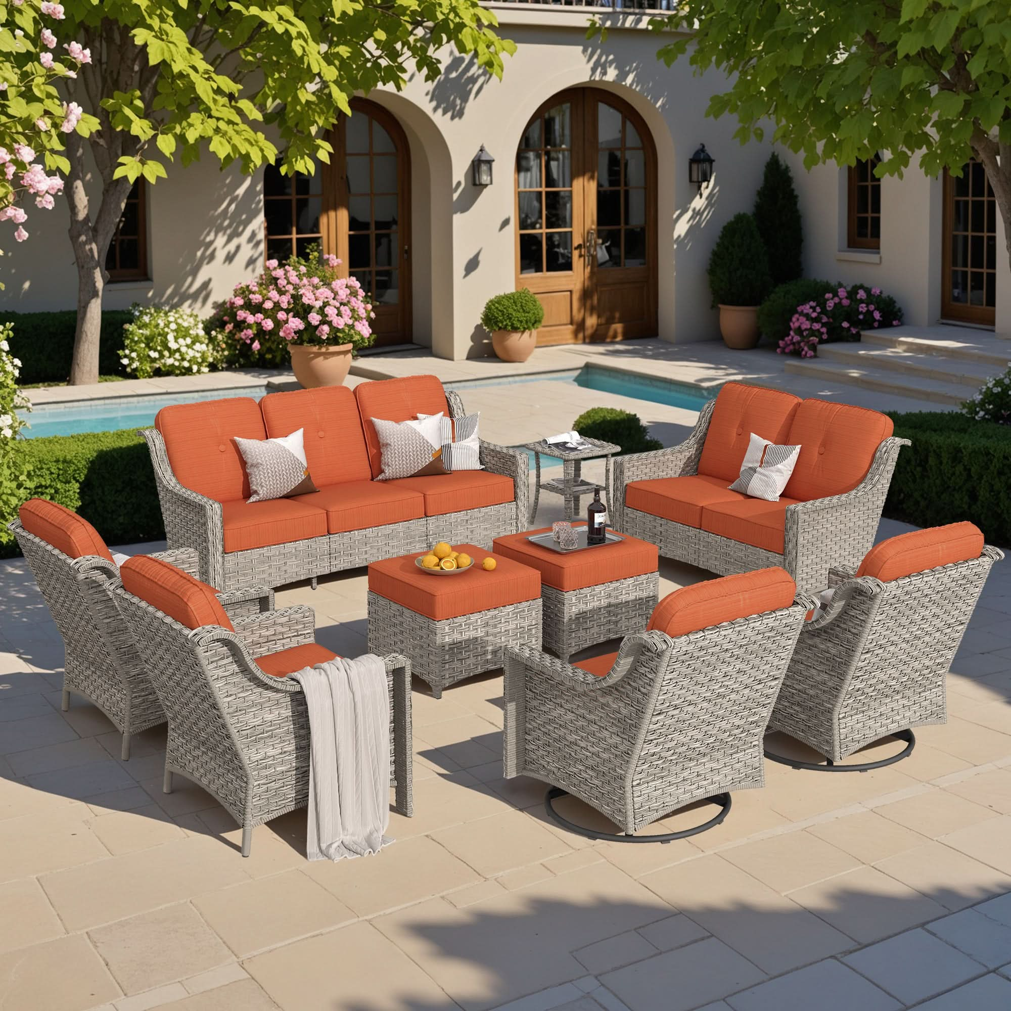 Outdoor 9 Pieces Coversation Set with Swivel Rocking Chair