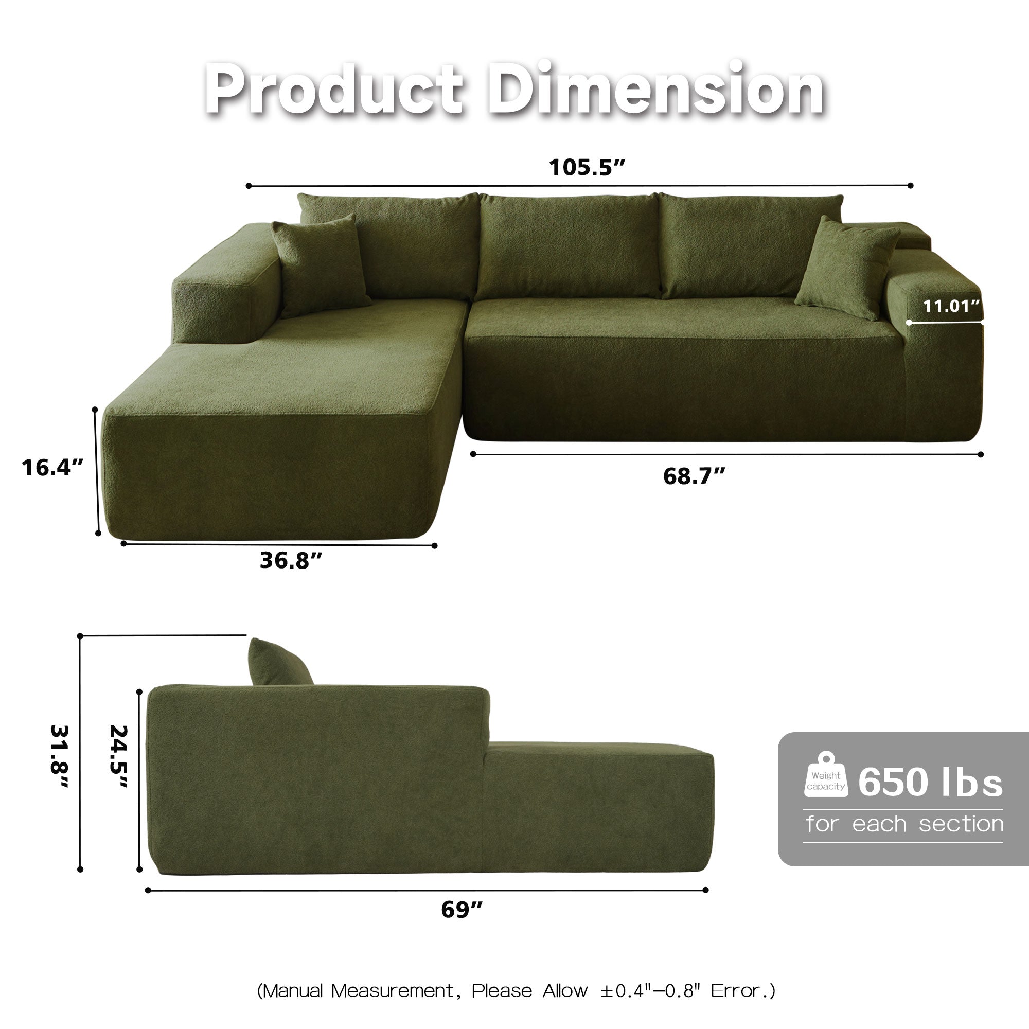 Ovios 104" L-Shape Modular Couch with Chaise,Cloud Velvet Fabric,No Assembly Required