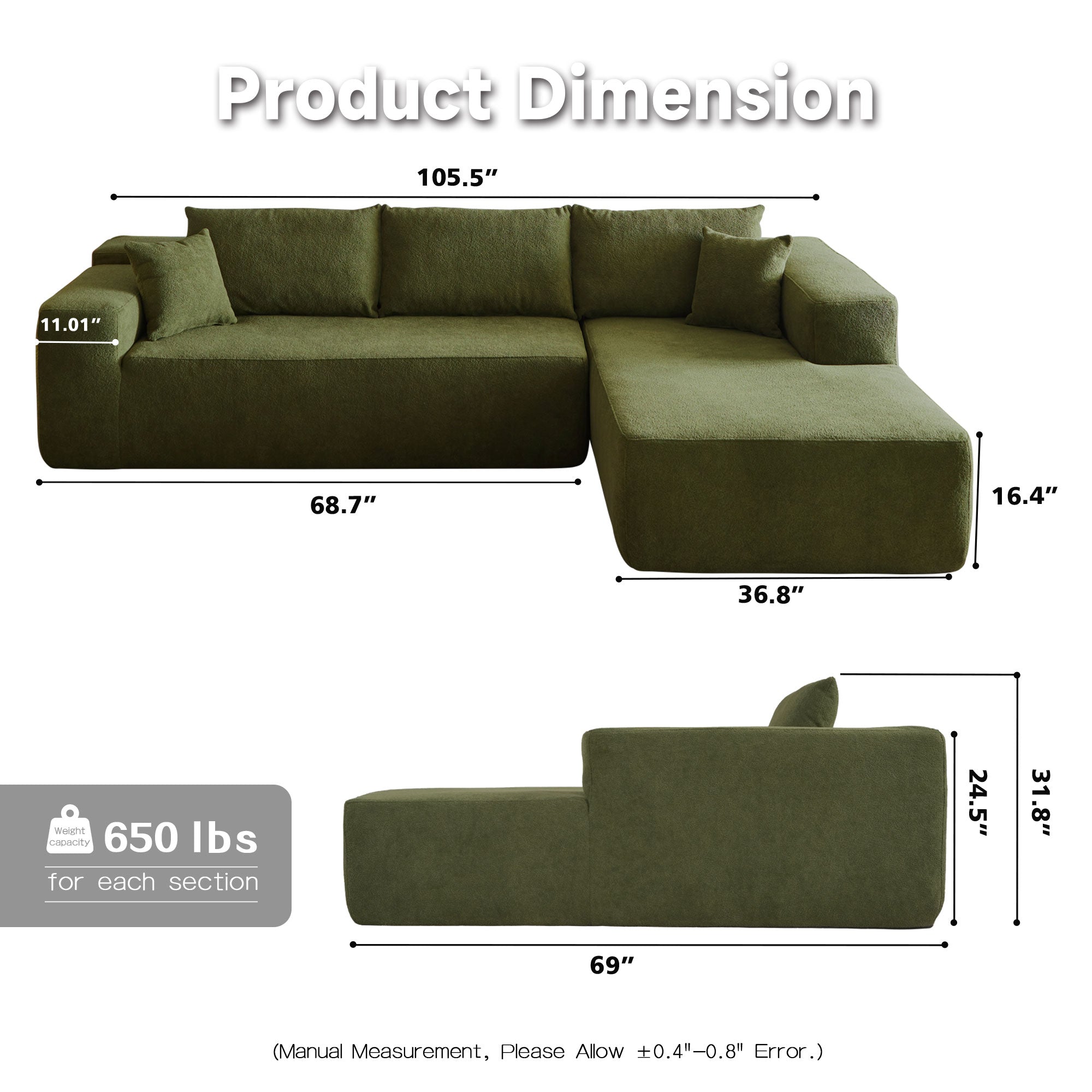 Ovios 104" L-Shape Modular Couch with Chaise,Cloud Velvet Fabric,No Assembly Required