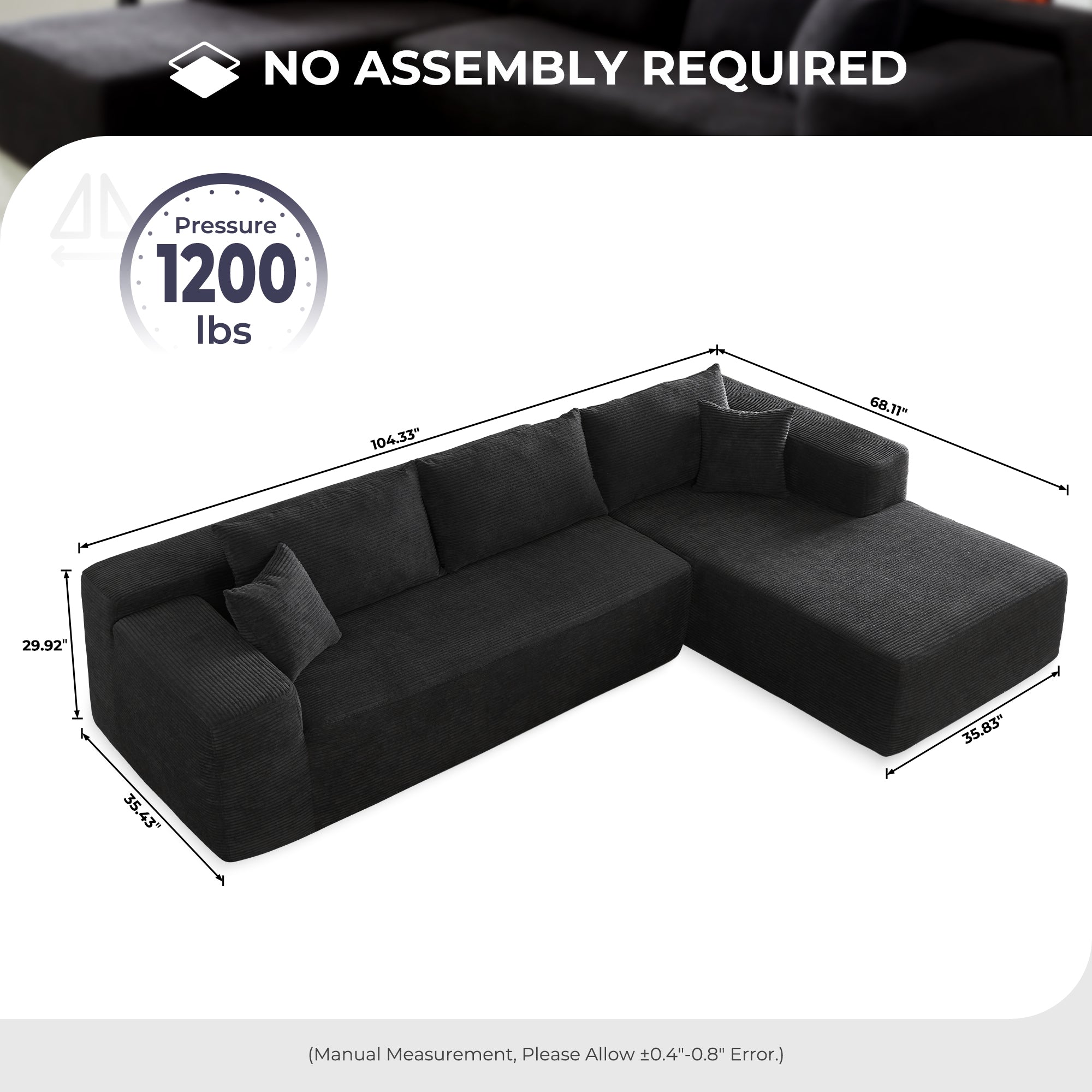 Ovios 104" L-Shape Modular Couch with Chaise,Corduroy Fabric,No Assembly Required