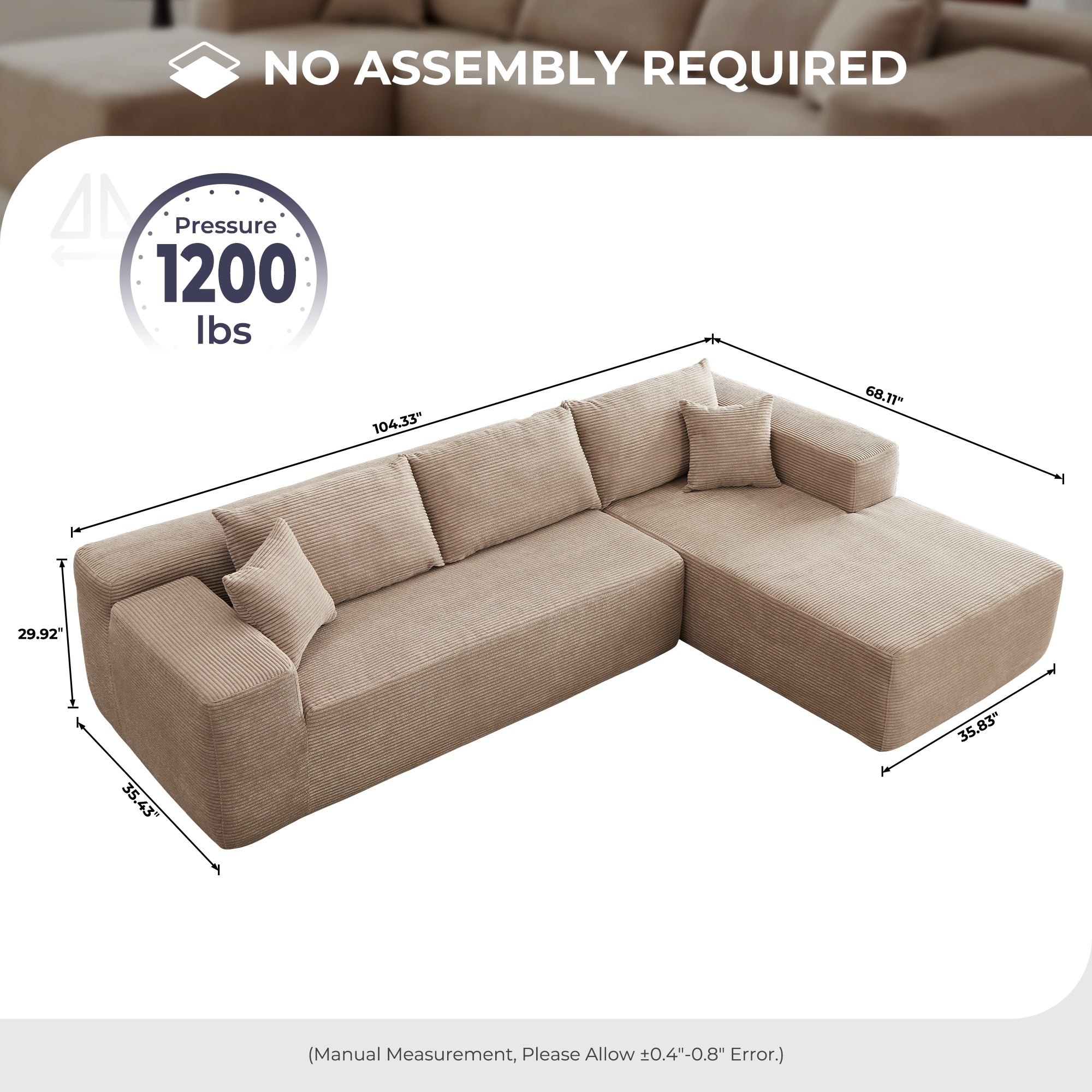 Ovios 104" L-Shape Modular Couch with Chaise,Corduroy Fabric,No Assembly Required