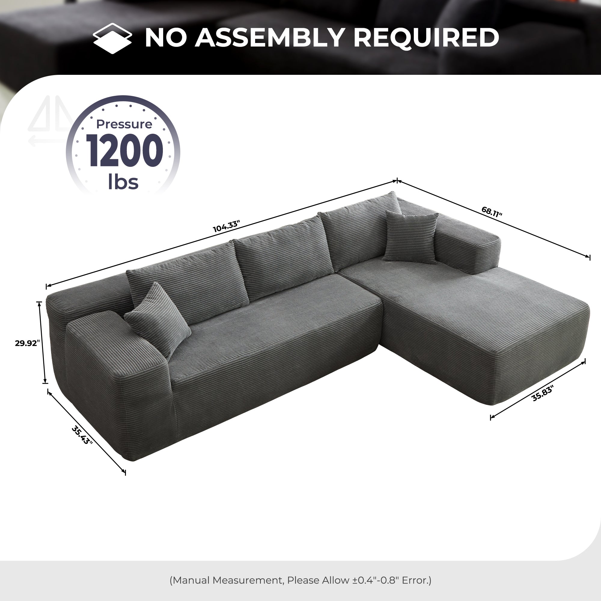 Ovios 104" L-Shape Modular Couch with Chaise,Corduroy Fabric,No Assembly Required