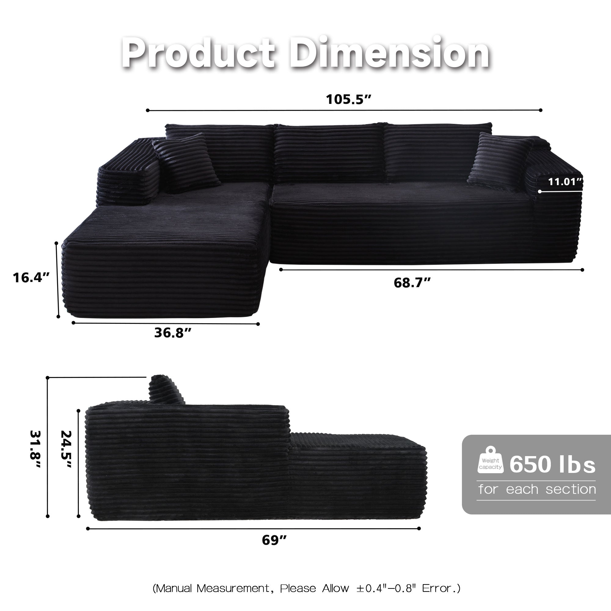 Ovios 104" L-Shape Modular Couch with Chaise, Plush Corduroy Fabric, No Assembly Required