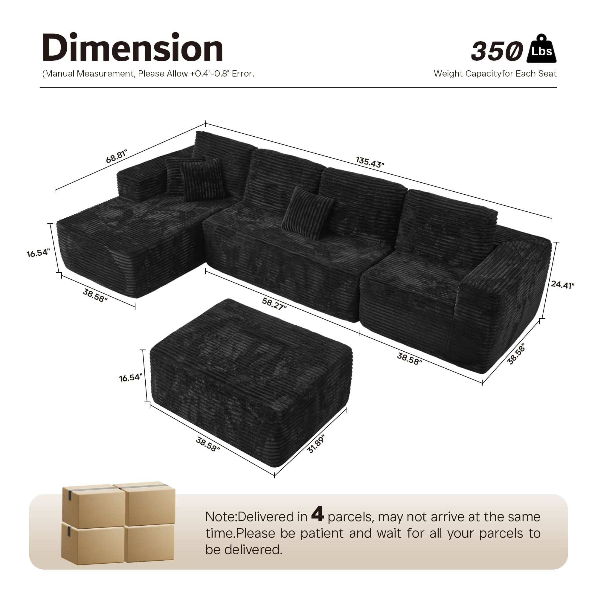 Ovios Sectional Cloud Couch for Living Room, Modular Floor Sofa with Plush Corduroy, No Assembly Required