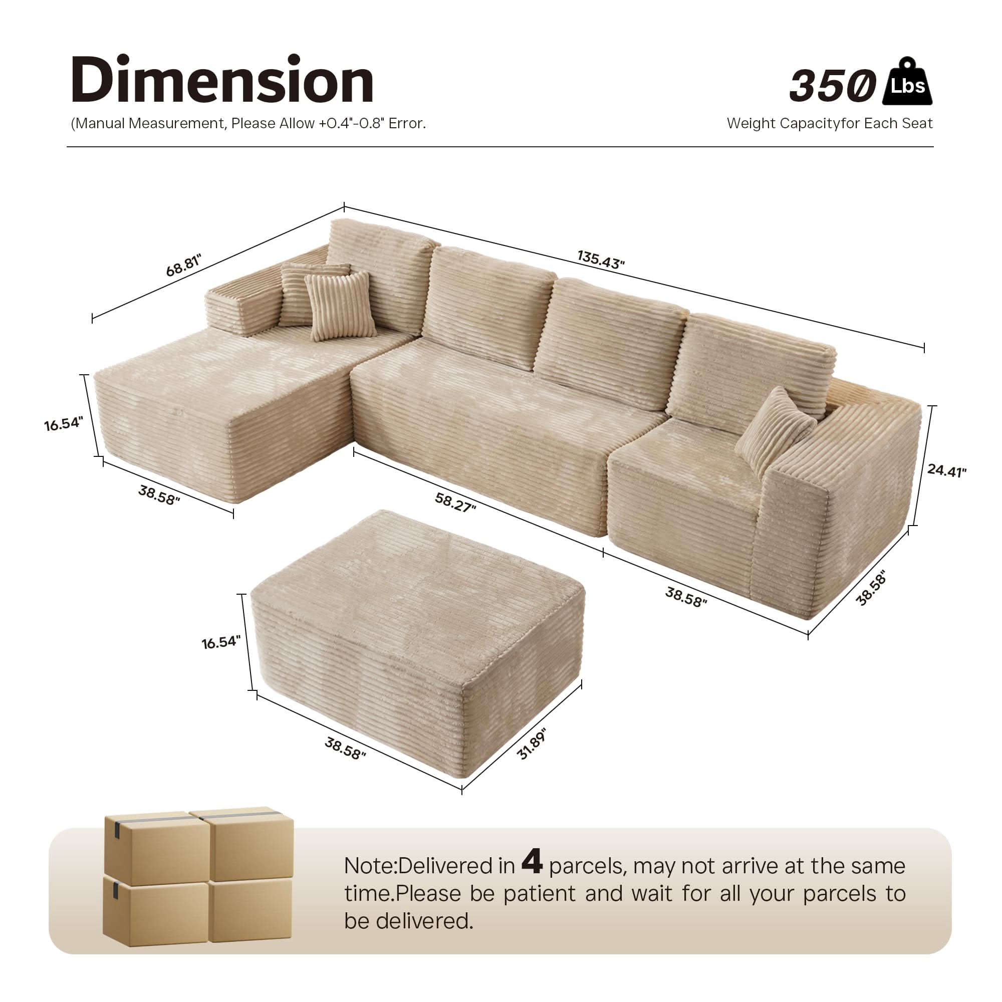 Ovios Sectional Cloud Couch for Living Room, Modular Floor Sofa with Plush Corduroy, No Assembly Required