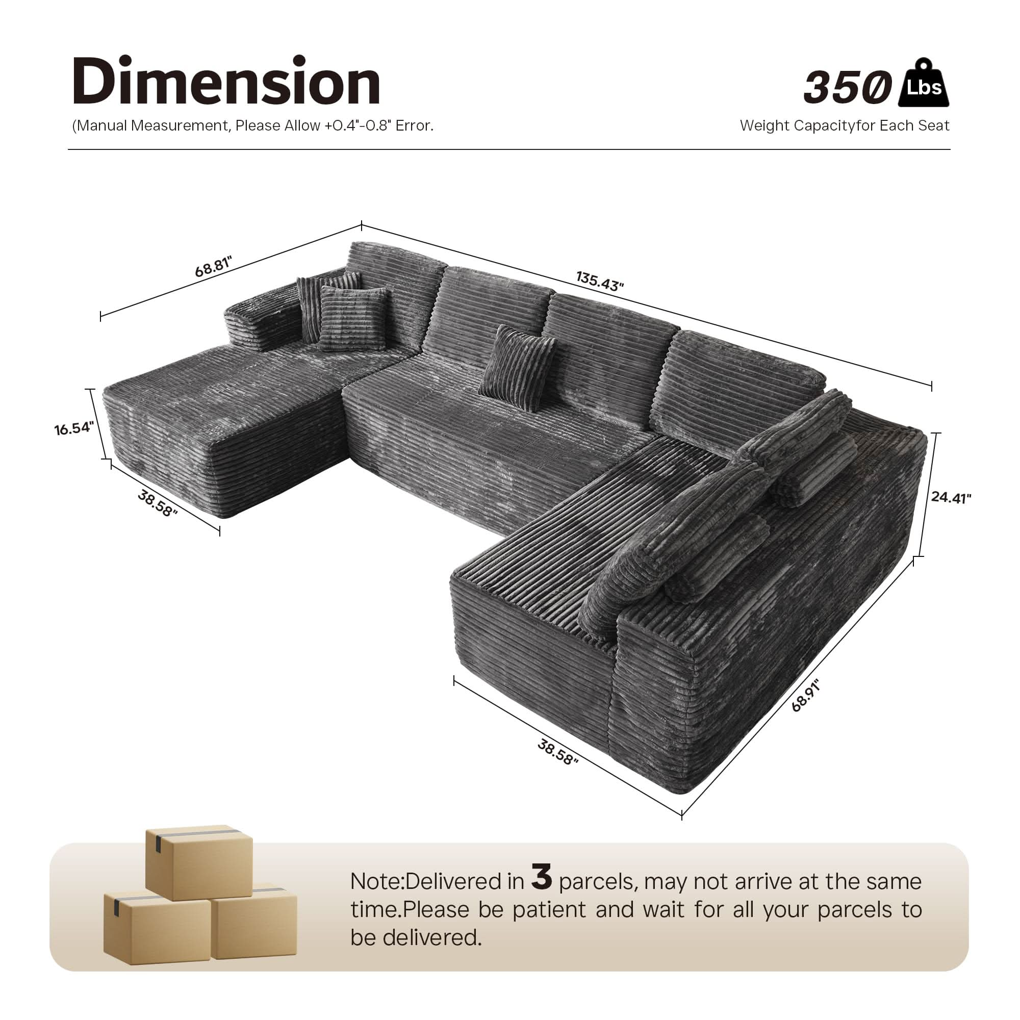 Ovios Modular Sectional Cloud Sofa, Plush Corduroy with Memory Foam, U-Shaped Chaise, No Assembly Required